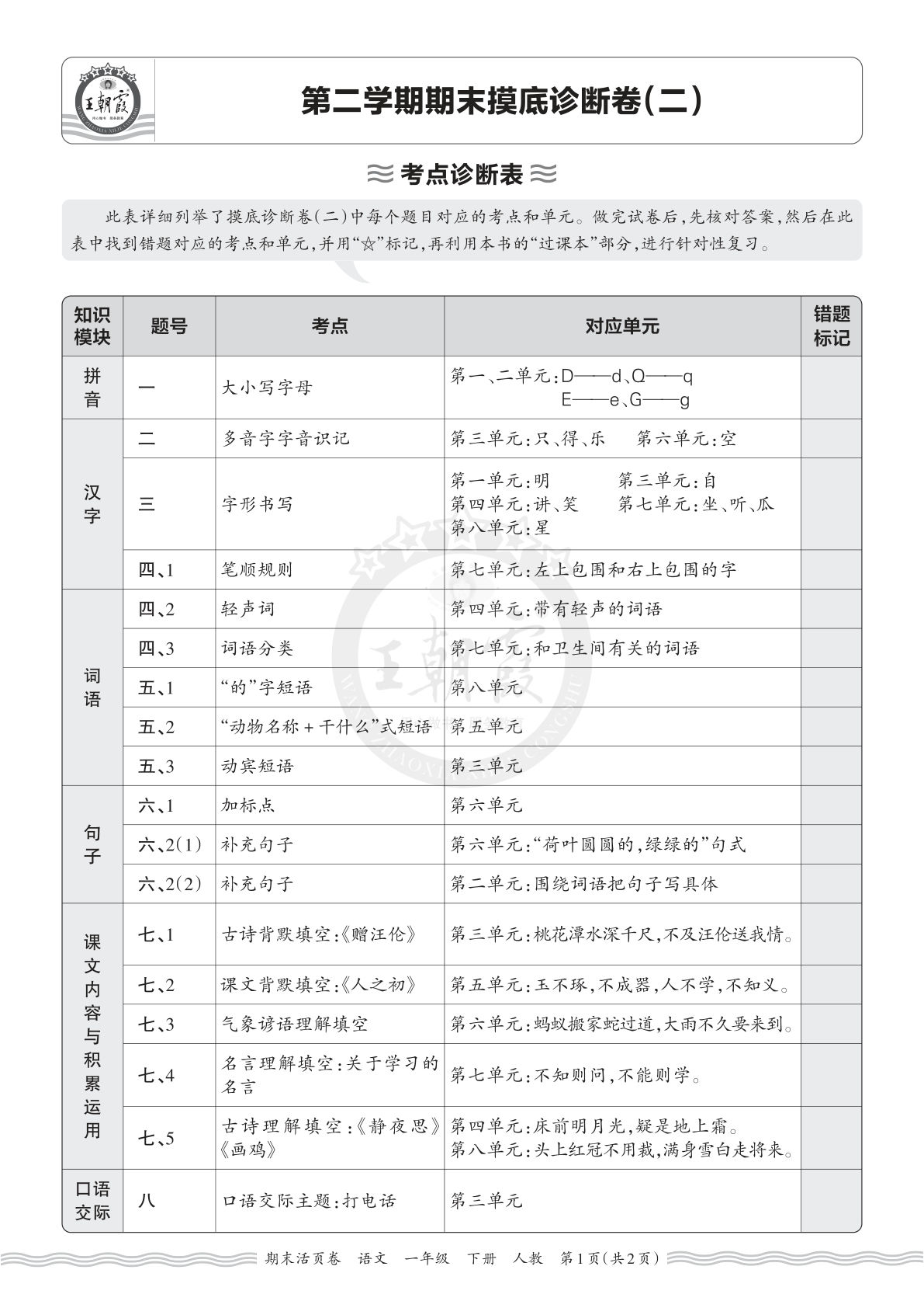 26春一年级语文下册期末摸底诊断卷 王朝霞活页考点精练