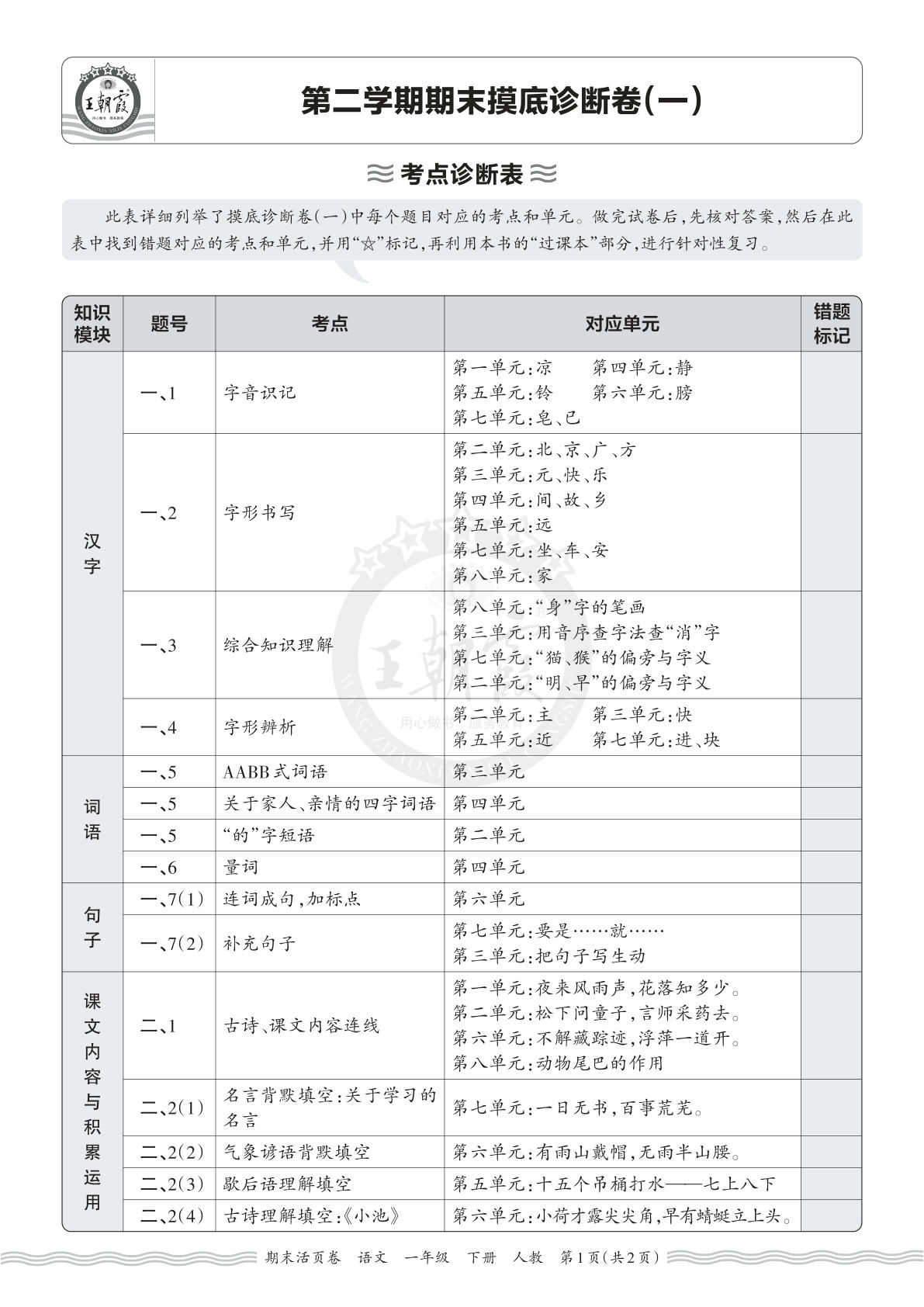 26春一年级语文下册期末摸底诊断卷 王朝霞活页考点表
