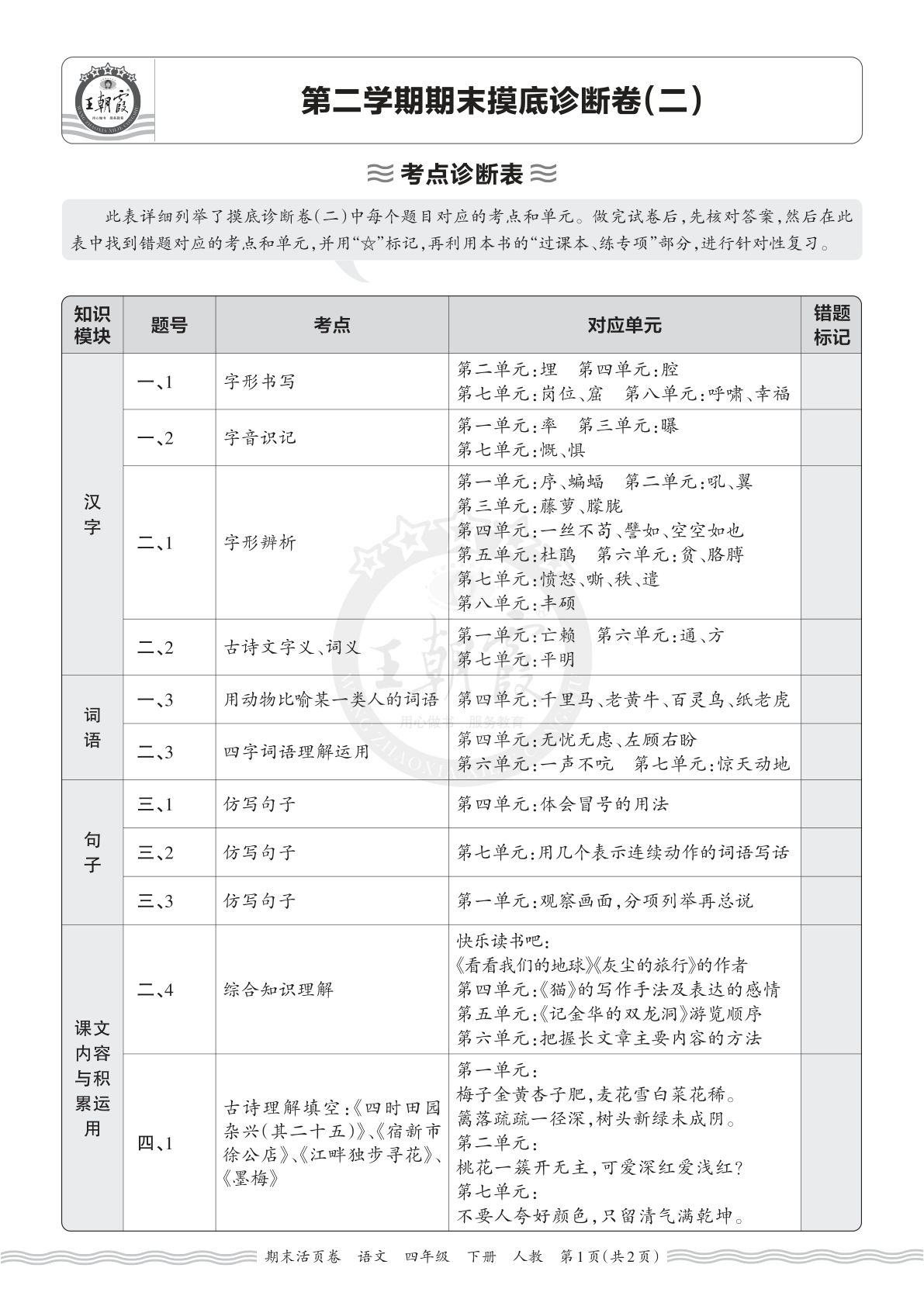26春四年级下册语文期末摸底诊断卷（二）考点速查表