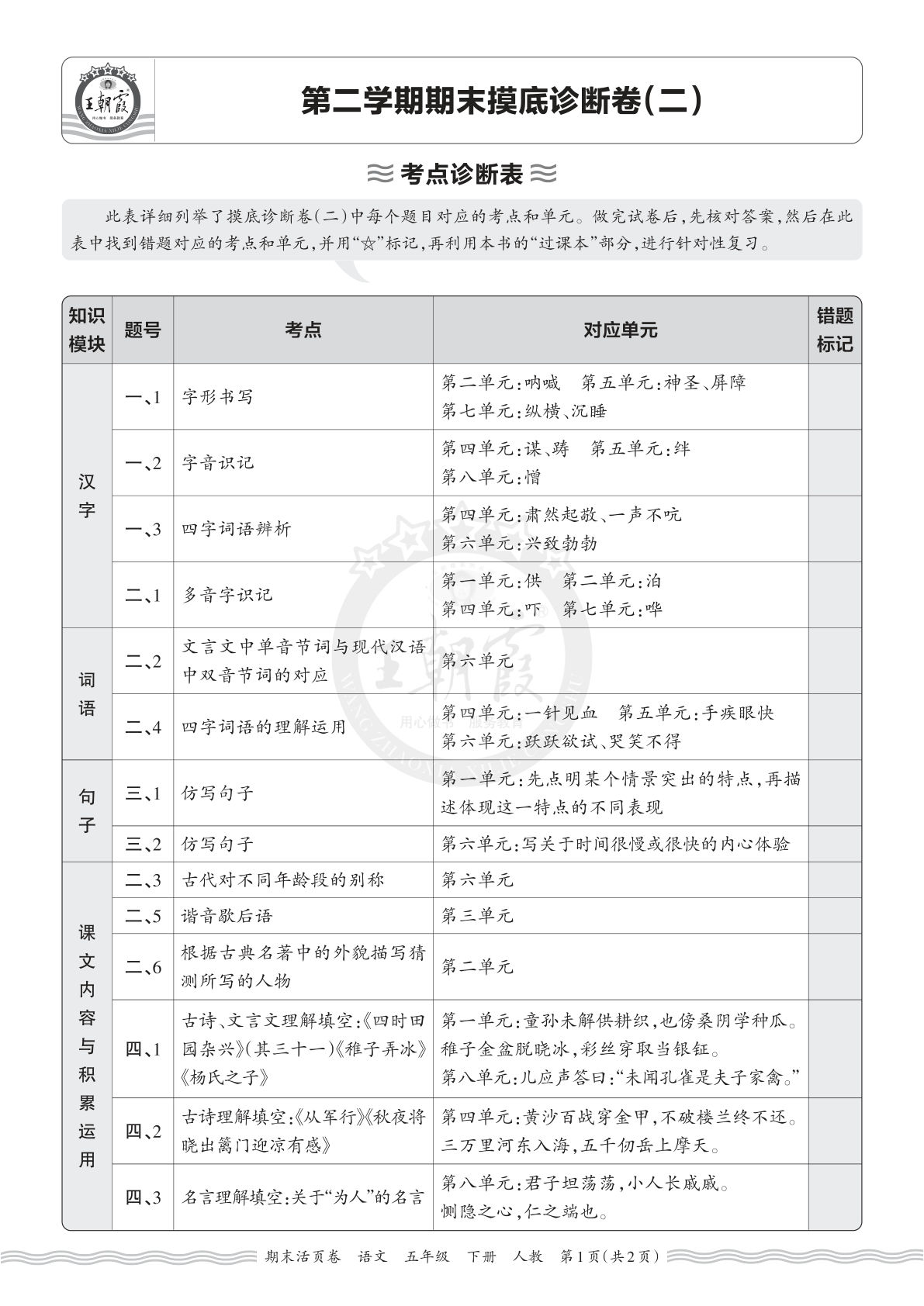五年级下册语文期末摸底卷（二）考点诊断 王朝霞活页