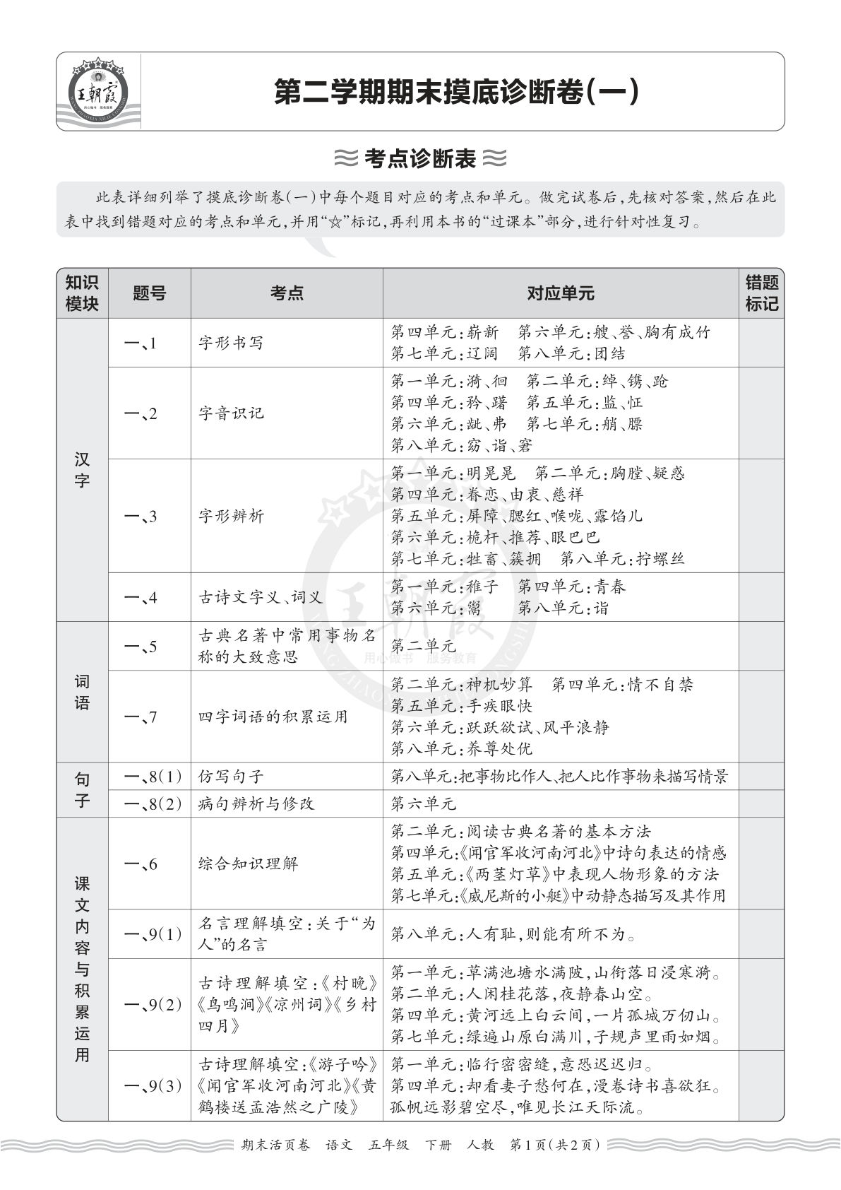 五年级下册语文期末摸底诊断卷 王朝霞活页考点精练
