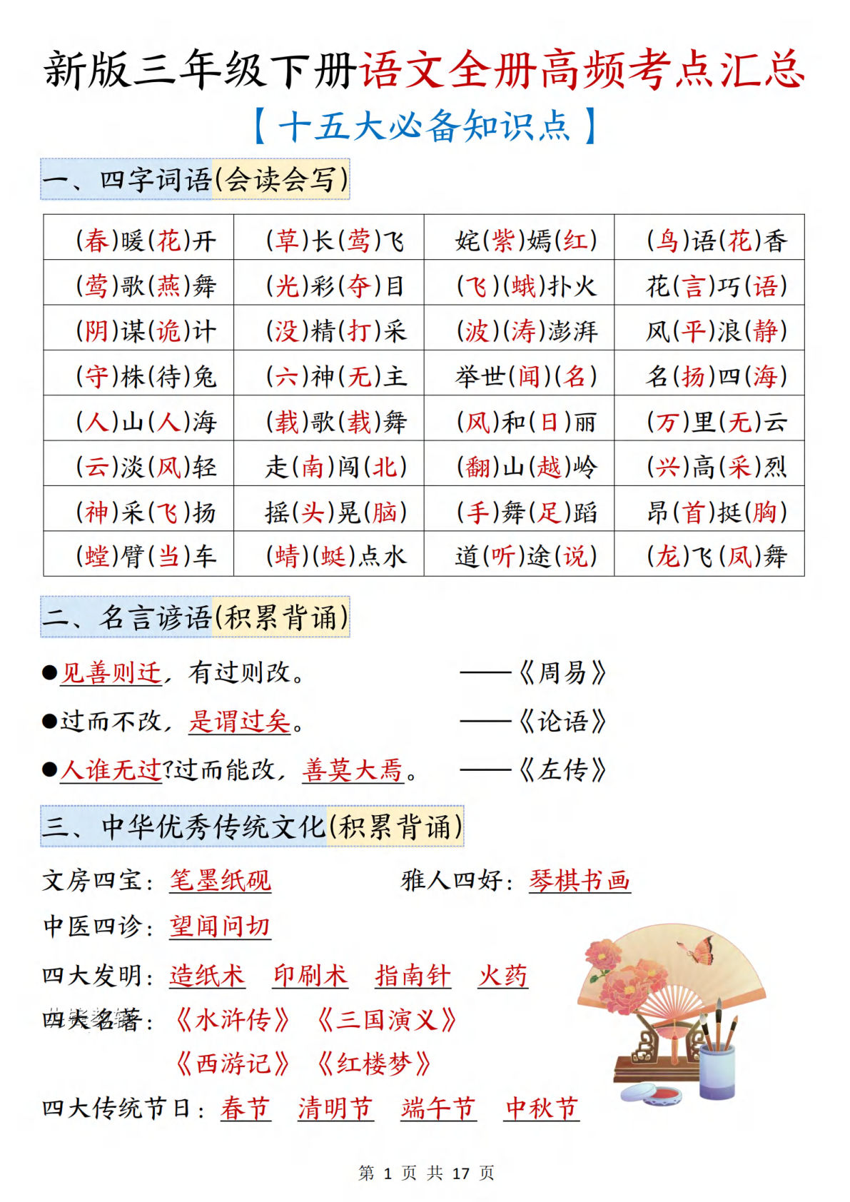 三年级下册语文高频考点汇总（15大必考知识点）17页-仔仔题库