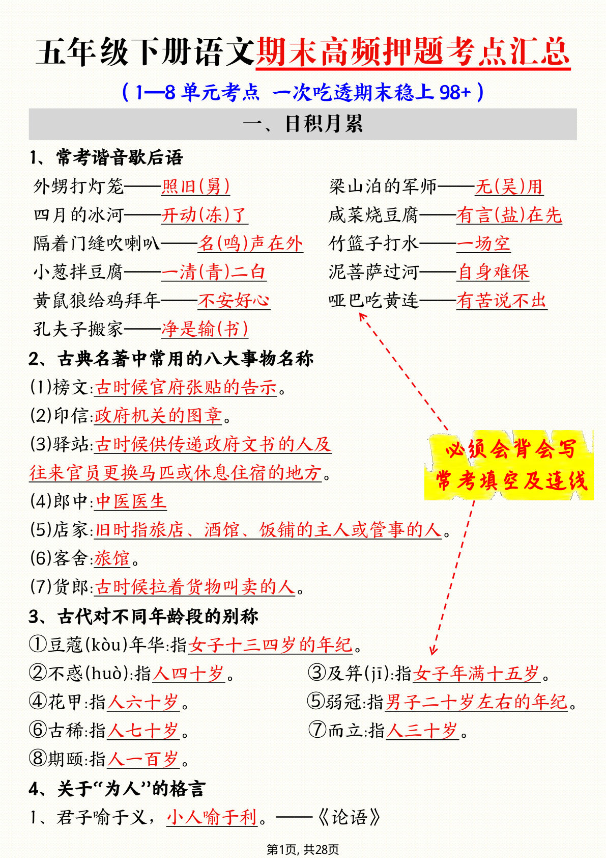 五年级下册语文期末高频押题考点汇总（28页）-仔仔题库