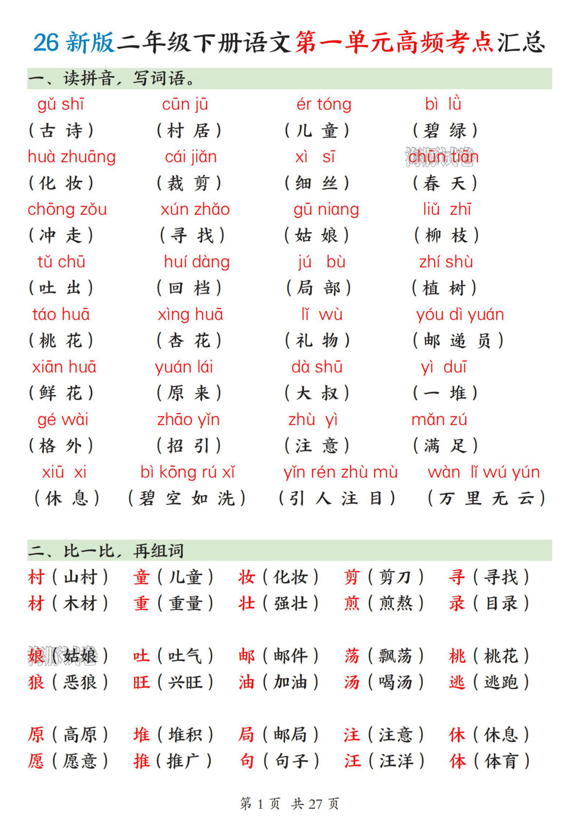 二年级下册语文1-8单元高频考点汇总PDF - 仔仔题库