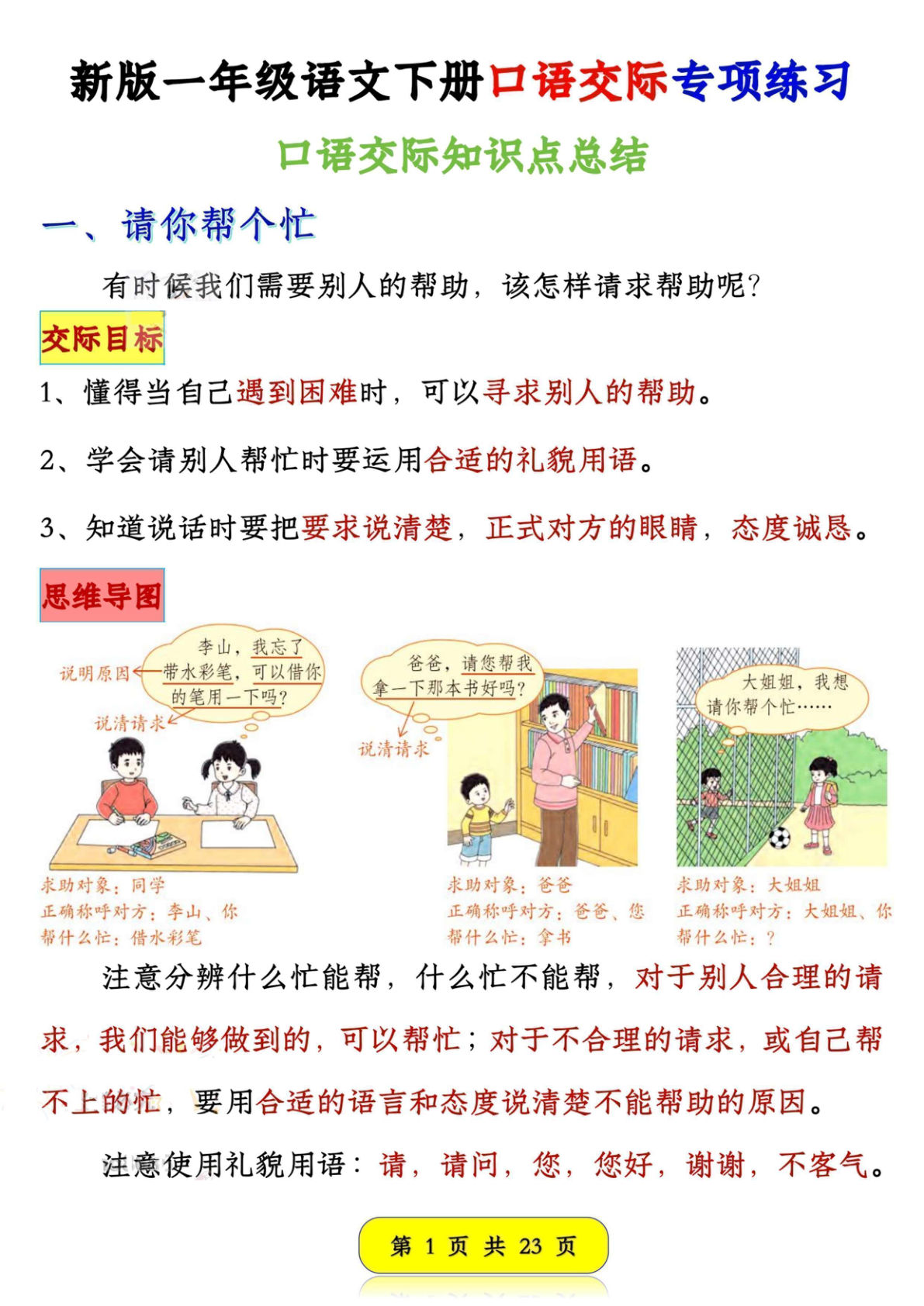 新一年级下册语文口语交际专项练习23页 仔仔题库