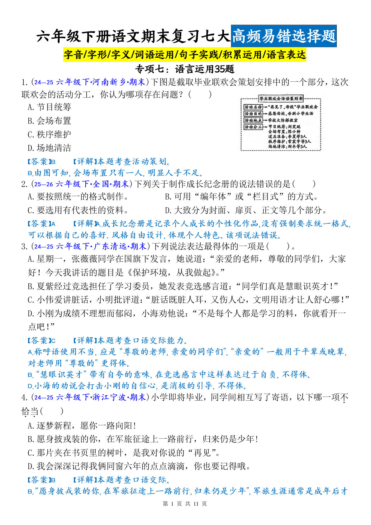 六年级下册语文期末复习：语言运用易错题35道（答案版）