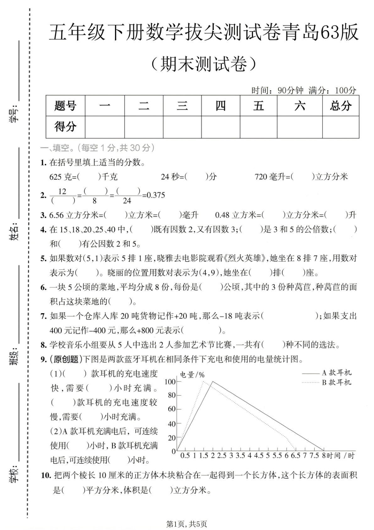 五年级下册青岛63版数学期末名校真题卷3-仔仔题库