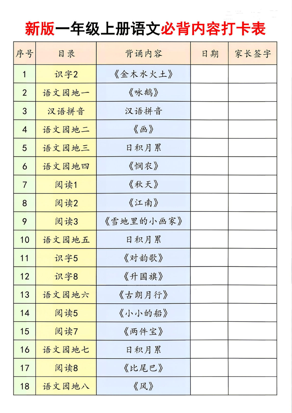 新版一年级上册语文必背内容打卡表19页-学霸资源网-分享小学前锋教辅先锋资源 - 小学1-6年级教辅资源|试卷|电子课本|课课练免费下载 - 语文数学英语同步练习 学习资料内页预览
