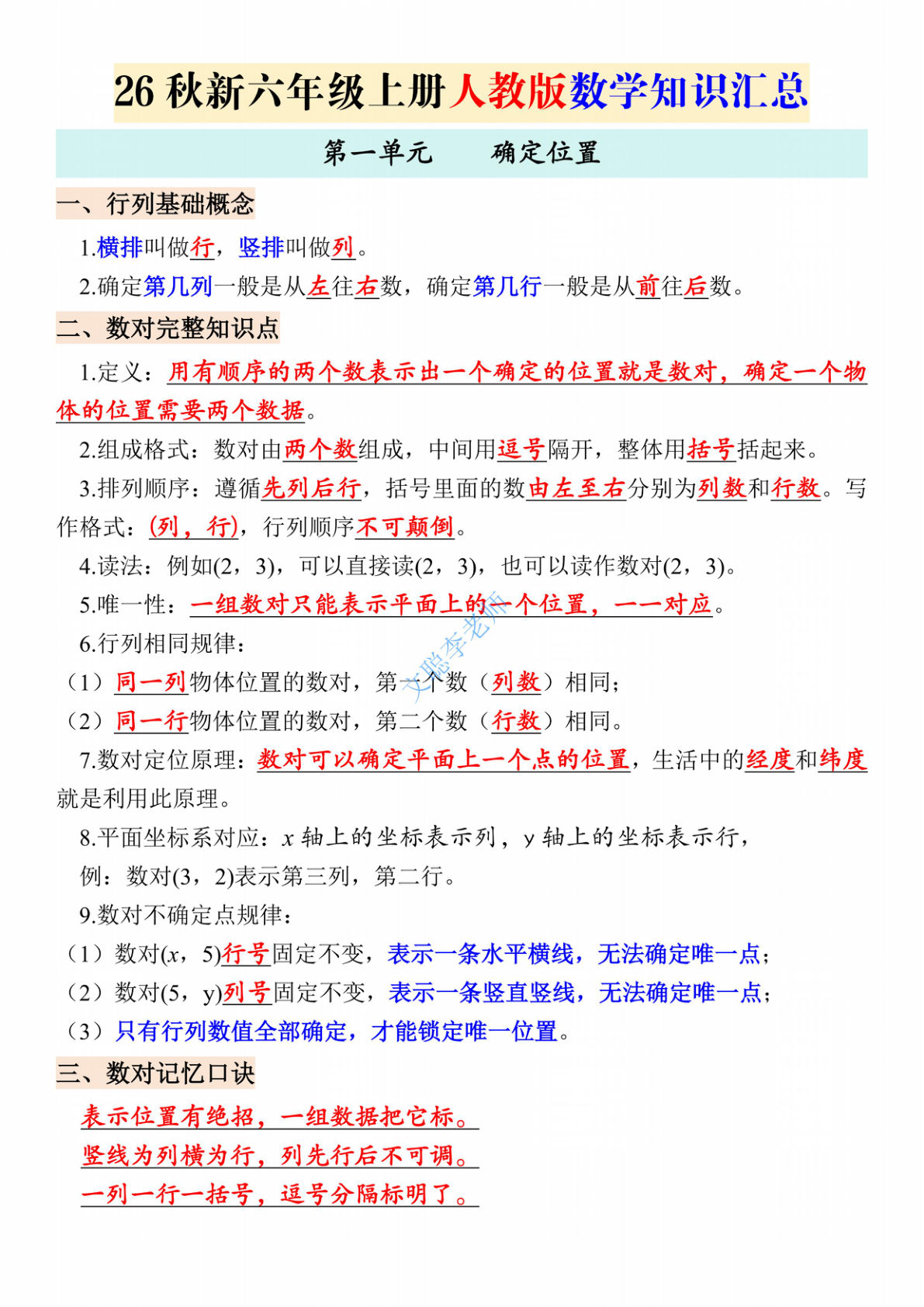 26秋新六年级上册人教版数学知识汇总