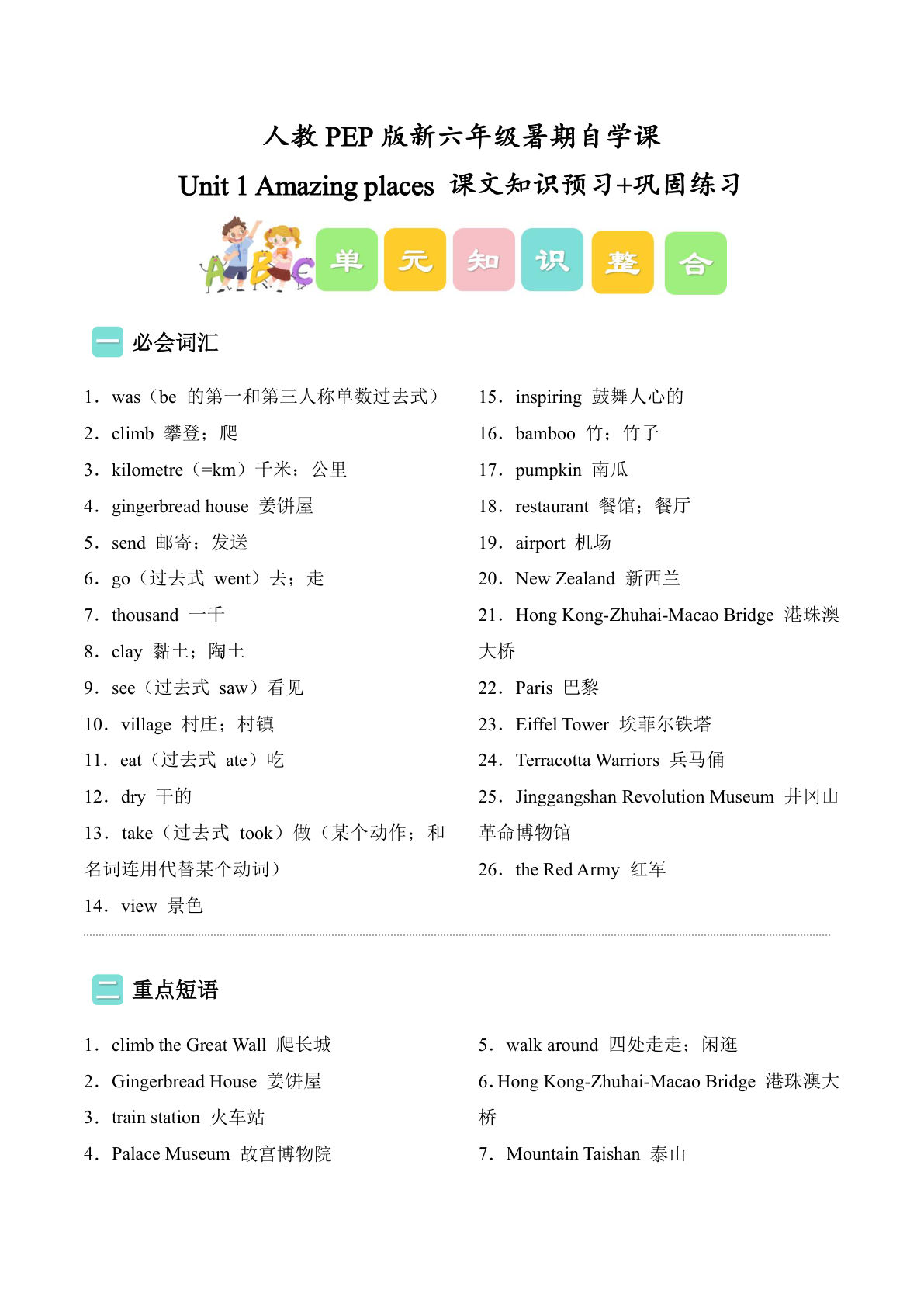 Unit1课本知识预习+巩固练习(导学案)新六年级英语上册暑假自学课(人教PEP版·新教材)-学霸资源网-分享小学前锋教辅先锋资源 - 小学1-6年级教辅资源|试卷|电子课本|课课练免费下载 - 语文数学英语同步练习 学习资料内页预览