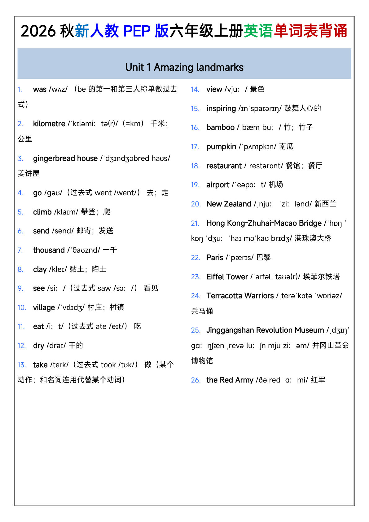 2026秋PEP人教版六年级上册英语单词背诵资料-学霸资源网-分享小学前锋教辅先锋资源 - 小学1-6年级教辅资源|试卷|电子课本|课课练免费下载 - 语文数学英语同步练习 学习资料内页预览