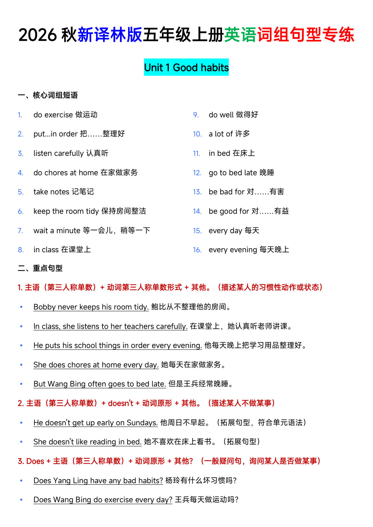 译林版五年级上册英语U1-U8词组句型专项训练