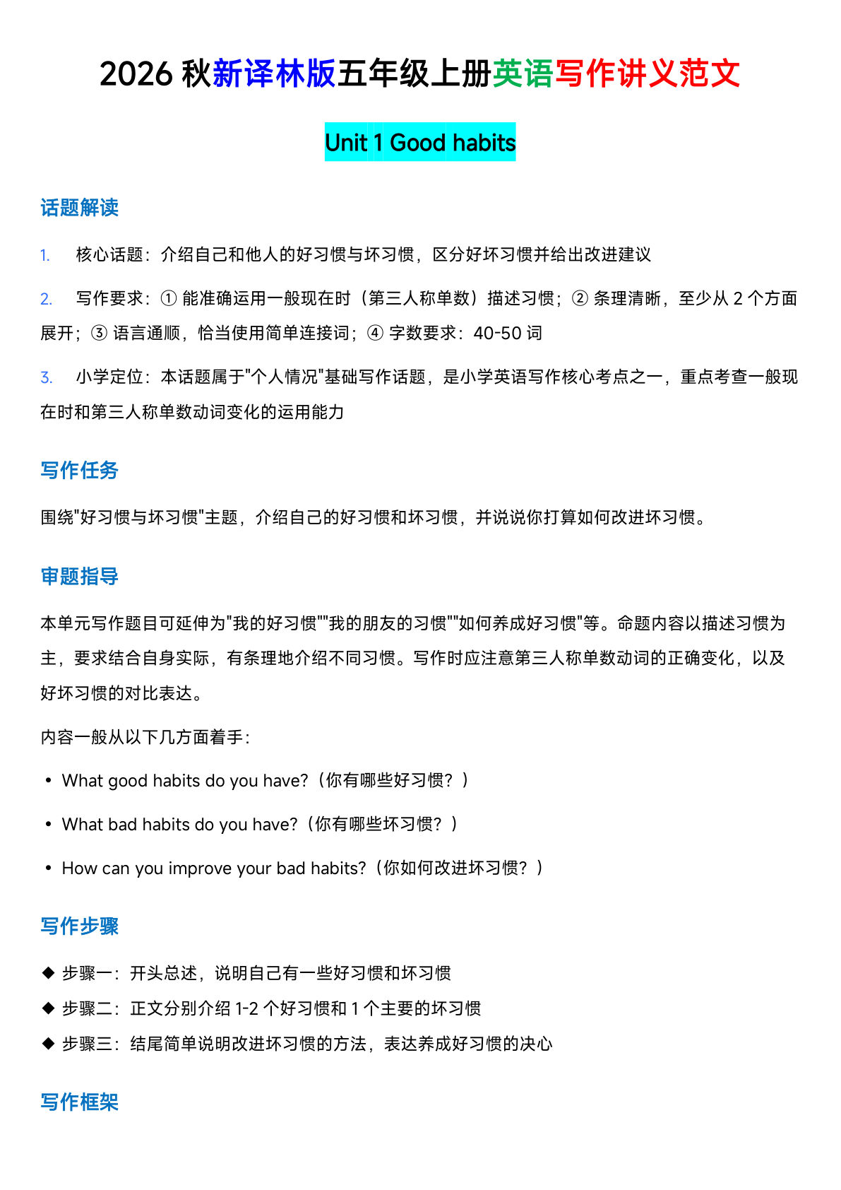 译林版五年级上册英语U1-U8同步写作课讲义-学霸资源网-分享小学前锋教辅先锋资源 - 小学1-6年级教辅资源|试卷|电子课本|课课练免费下载 - 语文数学英语同步练习 学习资料内页预览