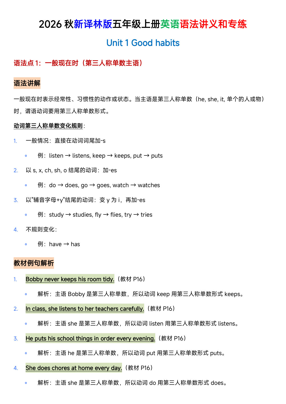 译林版五年级上册英语U1-U8语法讲义与练习(1)