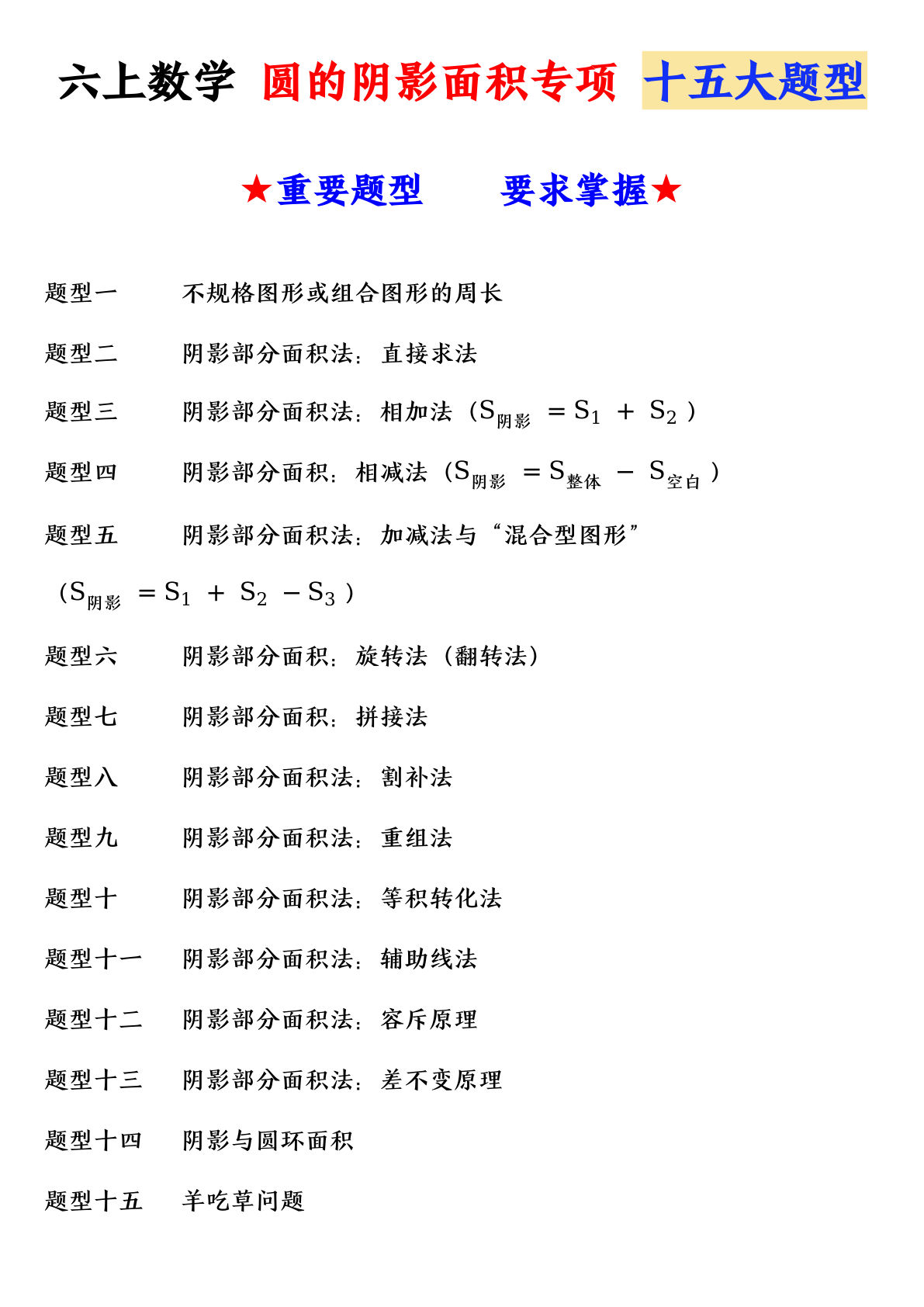 六年级上册数学 圆的阴影面积专项 十五大题型