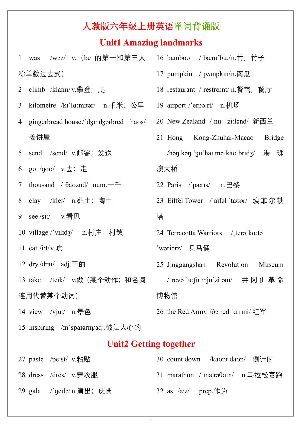 六年级上册英语单词（背诵表）-学霸资源网-分享小学前锋教辅先锋资源 - 小学1-6年级教辅资源|试卷|电子课本|课课练免费下载 - 语文数学英语同步练习 学习资料内页预览