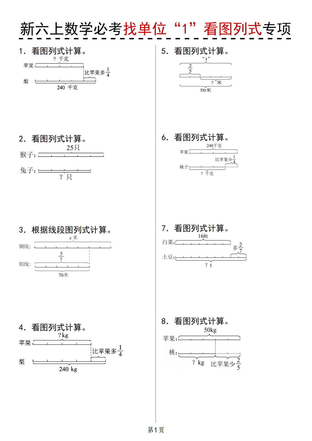 人教版《新六年级上册数学必考找单位“1”看图列式专项》