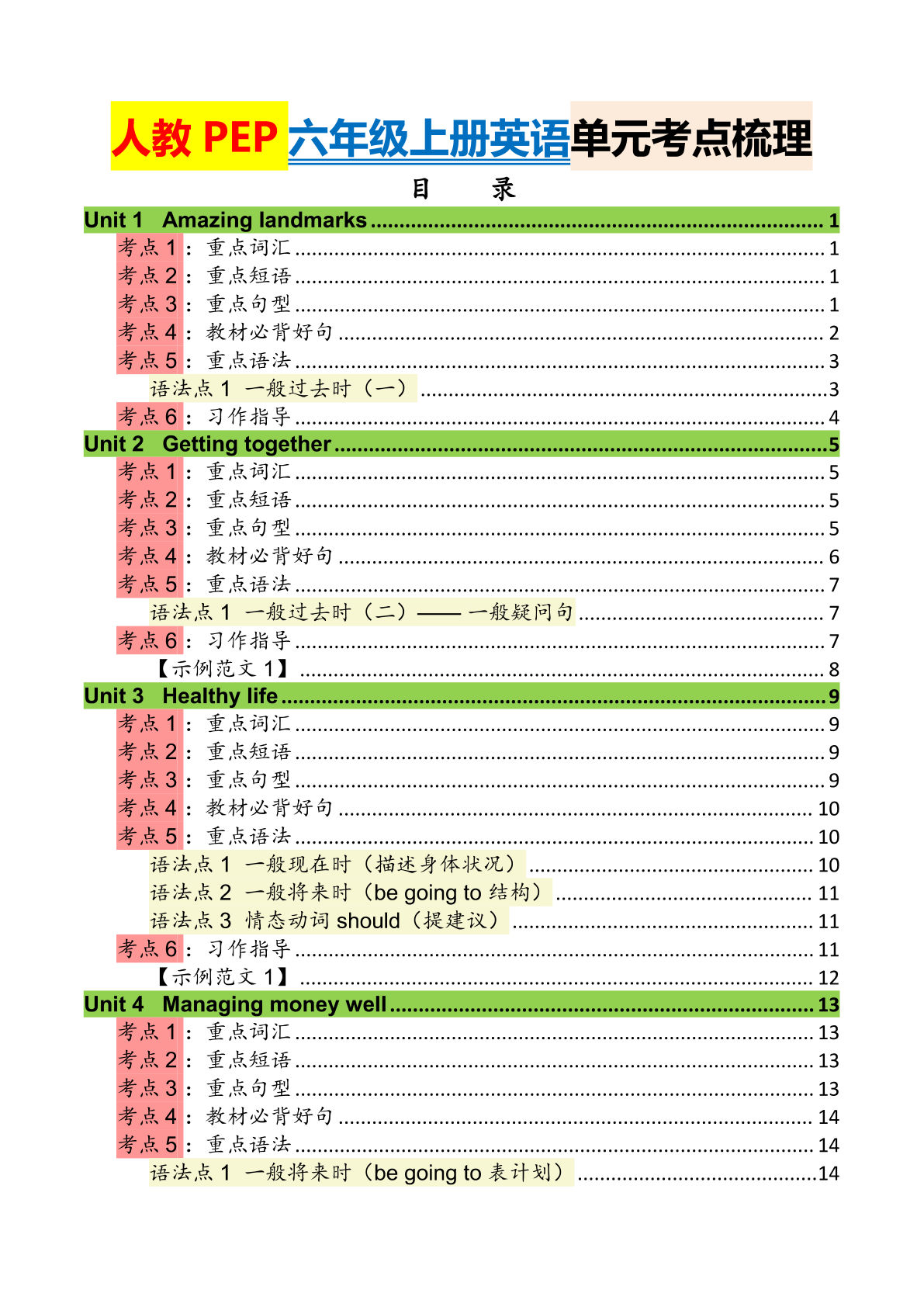 26秋新人教PEP六年级上册英语单元考点梳理（共24页）