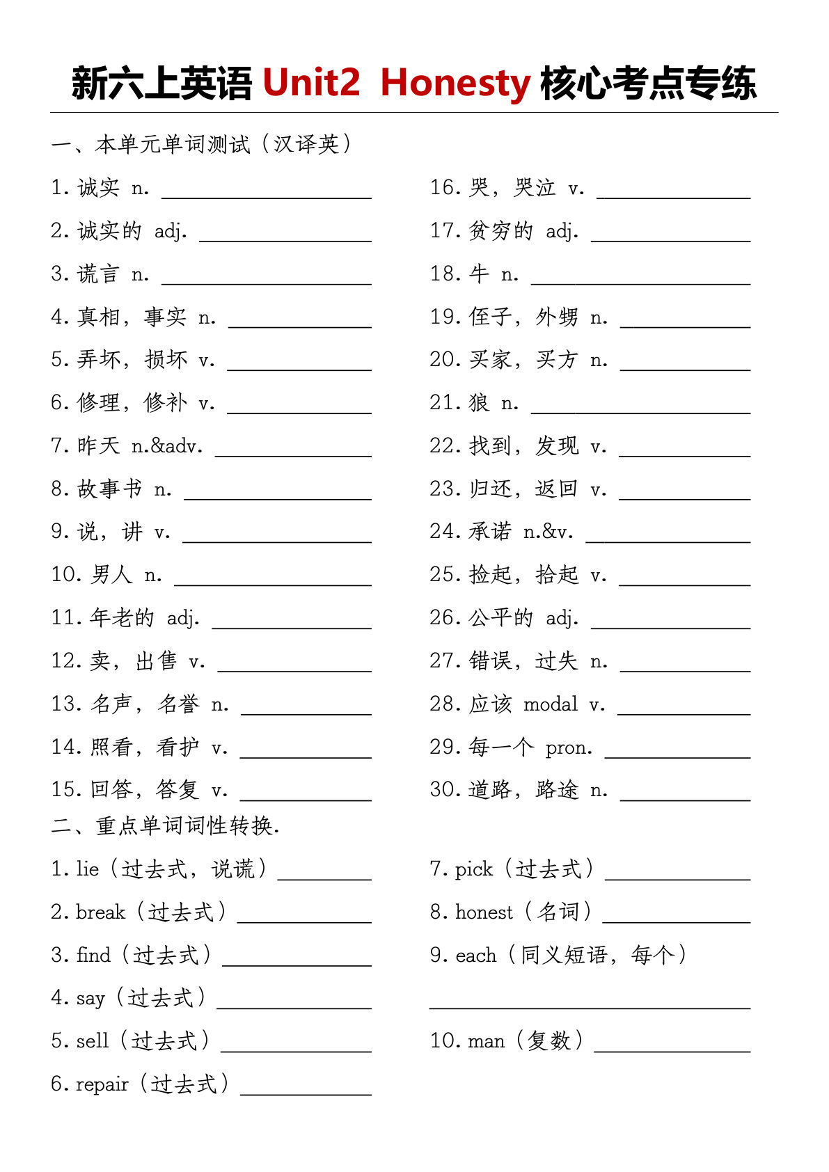 译林版《新六年级上册英语Unit2 Honesty核心考点专练》