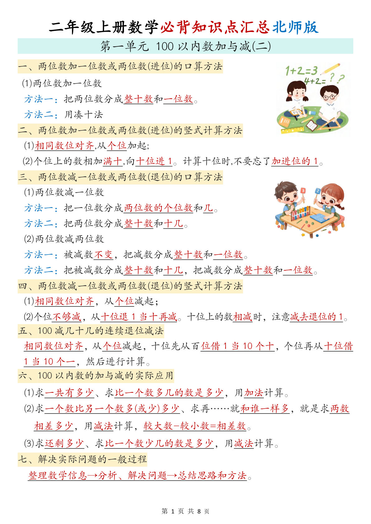 新二年级上册北师大版数学必背知识点汇总（8页）-鸡娃题库官网-永久免费分享小学前锋教辅先锋资源 - 小学1-6年级教辅资源|试卷|电子课本|课课练免费下载 - 语文数学英语同步练习
