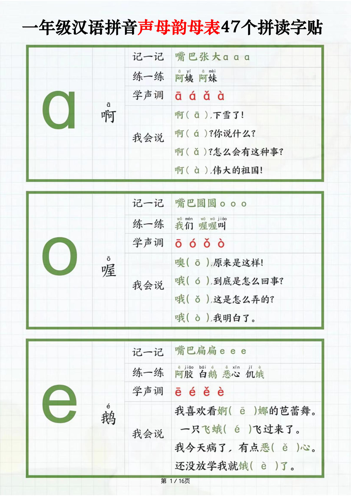 一年级汉语拼音声母韵母表47个拼读字贴（16页）