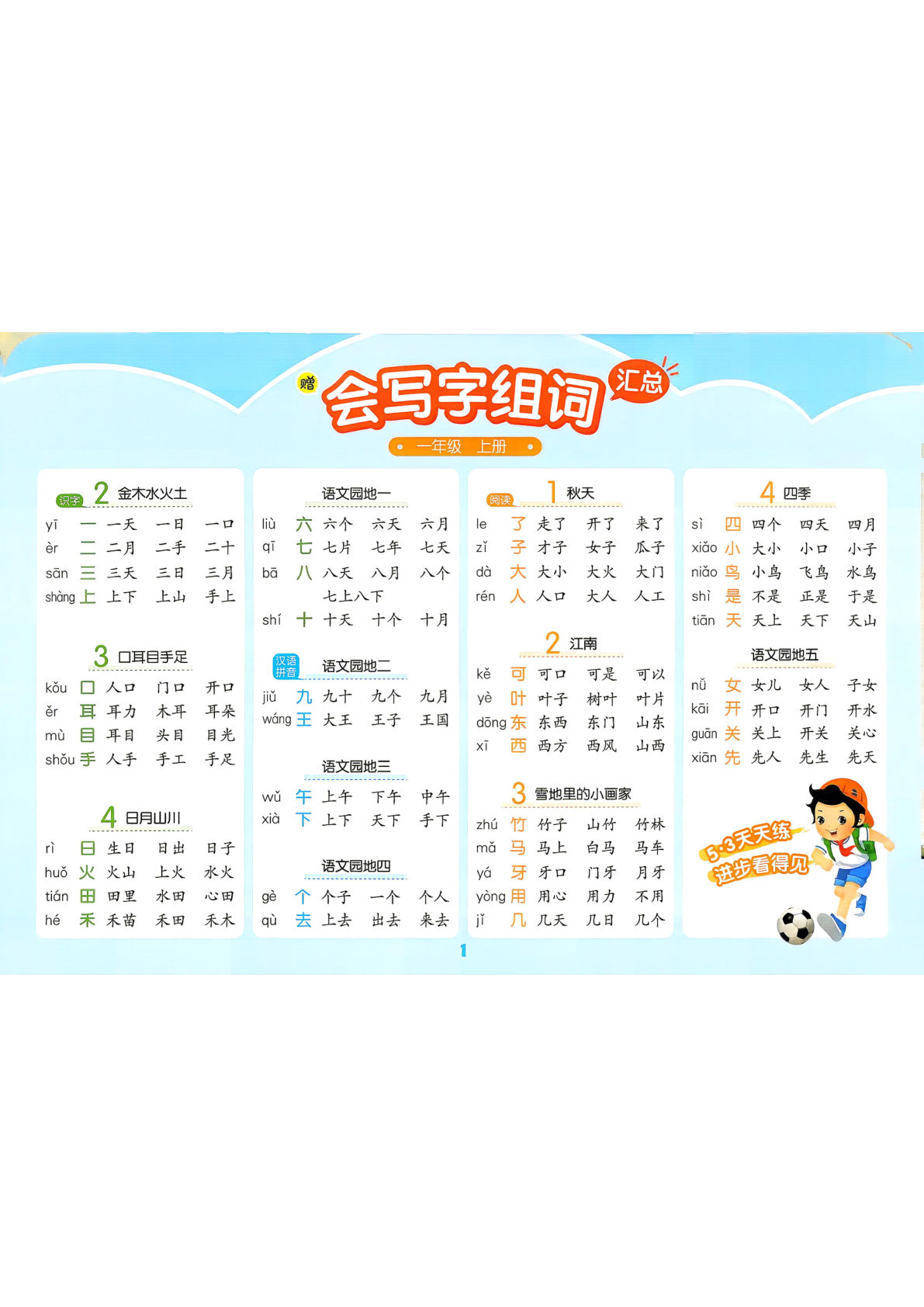 26秋一年级上册语文卡片（53天天练