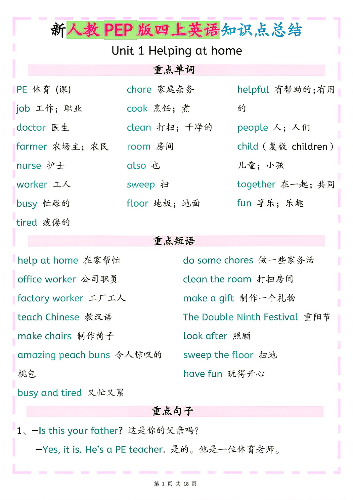 26秋四年级上册人教PEP版英语知识点总结