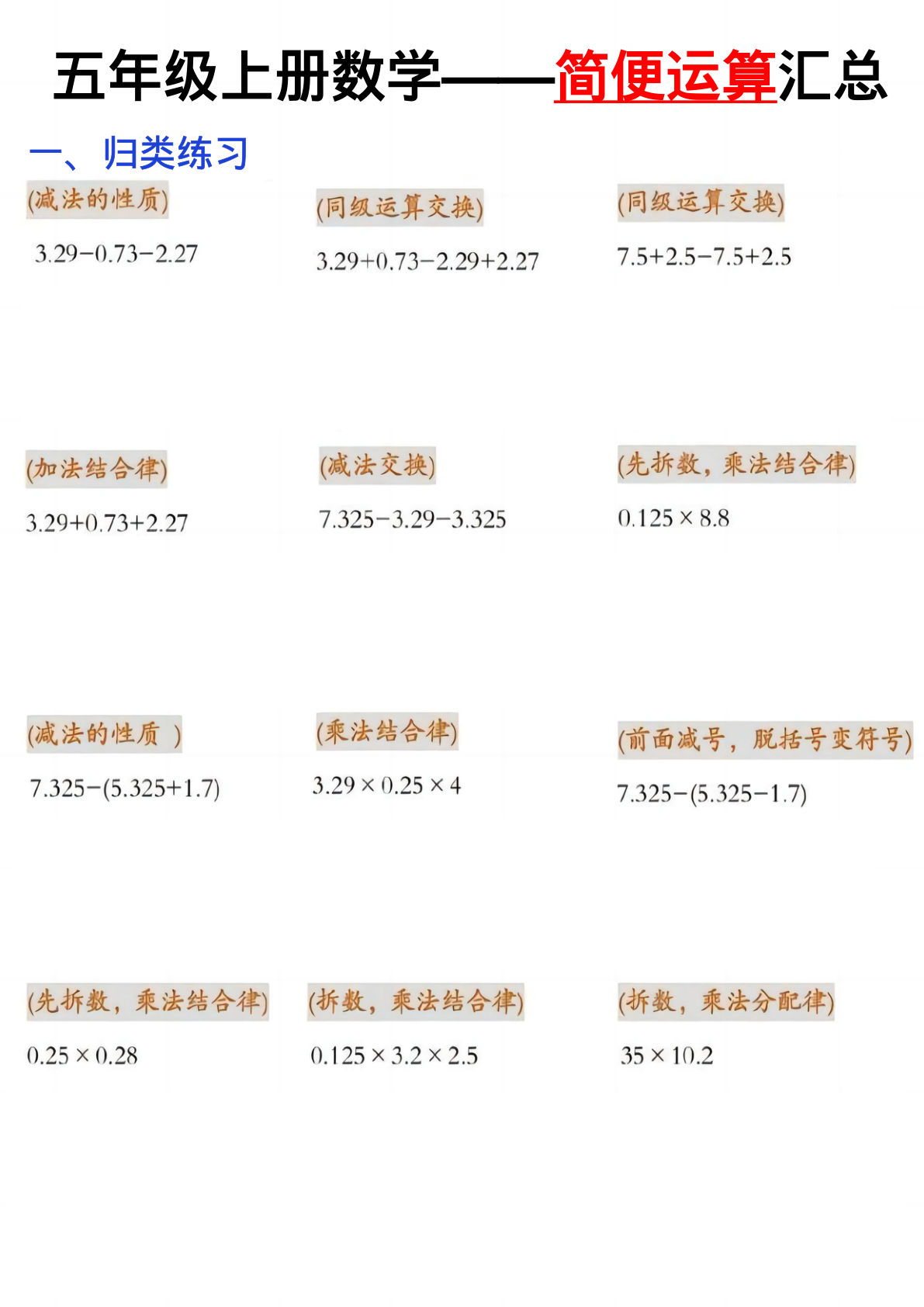 五年级上册数学——简便运算汇总