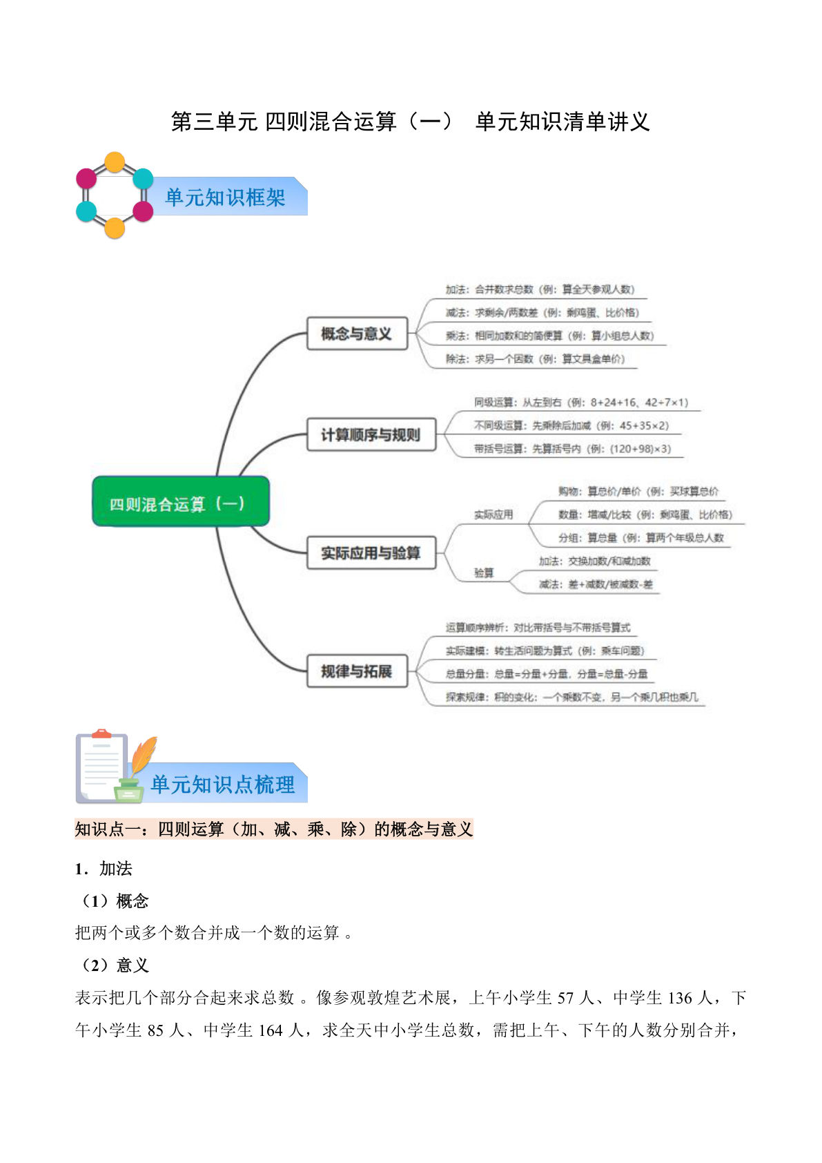 新西师版三年级上册数学知识清单 第三单元 四则混合运算（一）（解析版）