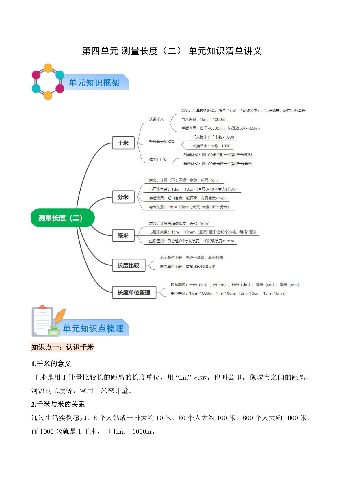 新西师版三年级上册数学知识清单 第四单元 测量长度（二）（解析版）-鸡娃题库官网-永久免费分享小学前锋教辅先锋资源 - 小学1-6年级教辅资源|试卷|电子课本|课课练免费下载 - 语文数学英语同步练习
