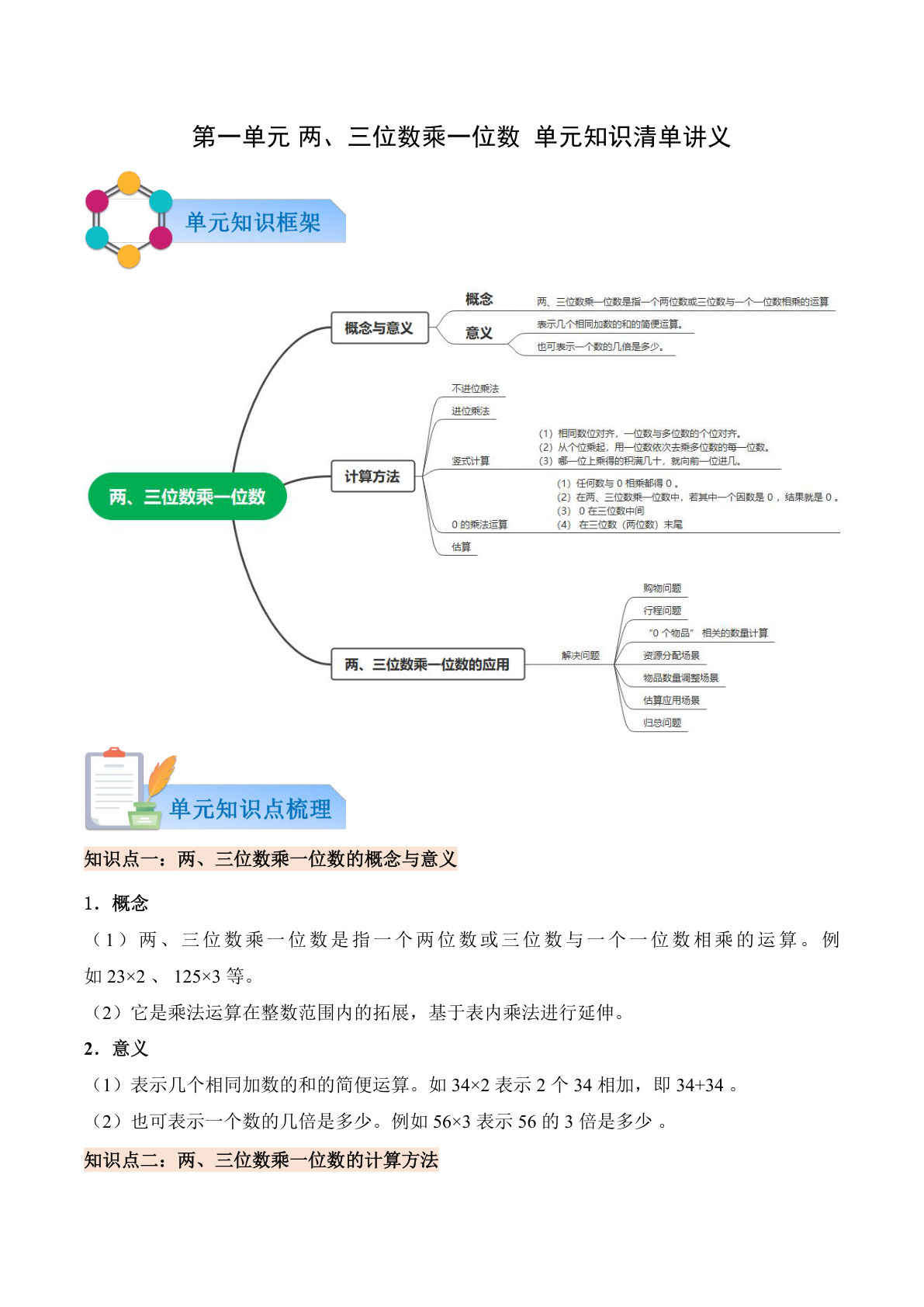 新西师版三年级上册数学知识清单 第一单元  两、三位数乘一位数（原卷版）-鸡娃题库官网-永久免费分享小学前锋教辅先锋资源 - 小学1-6年级教辅资源|试卷|电子课本|课课练免费下载 - 语文数学英语同步练习