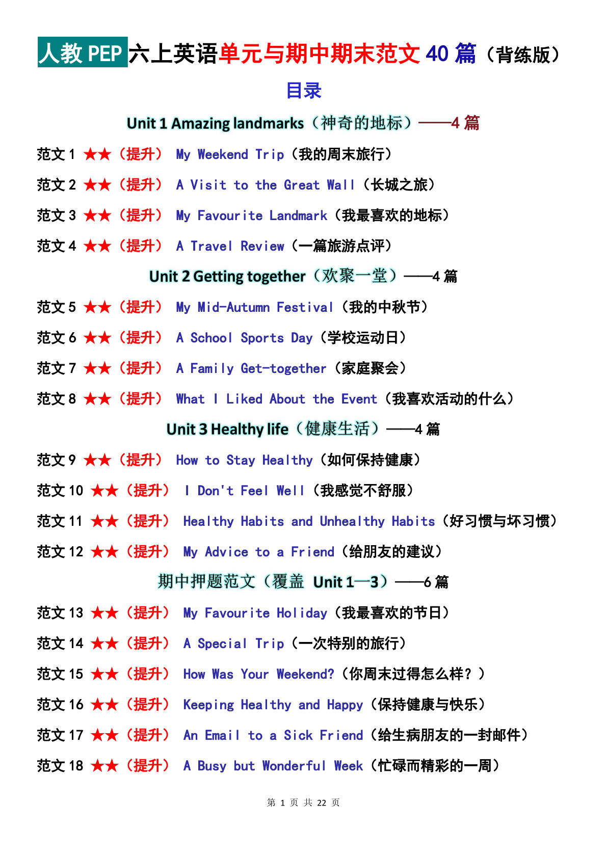 26新六年级上册英语【单元期中期末】作文范文40篇  人教PEP