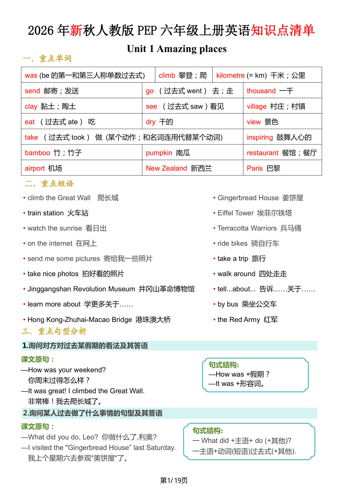 2026秋人教版PEP六年级上册英语知识点清单(1)