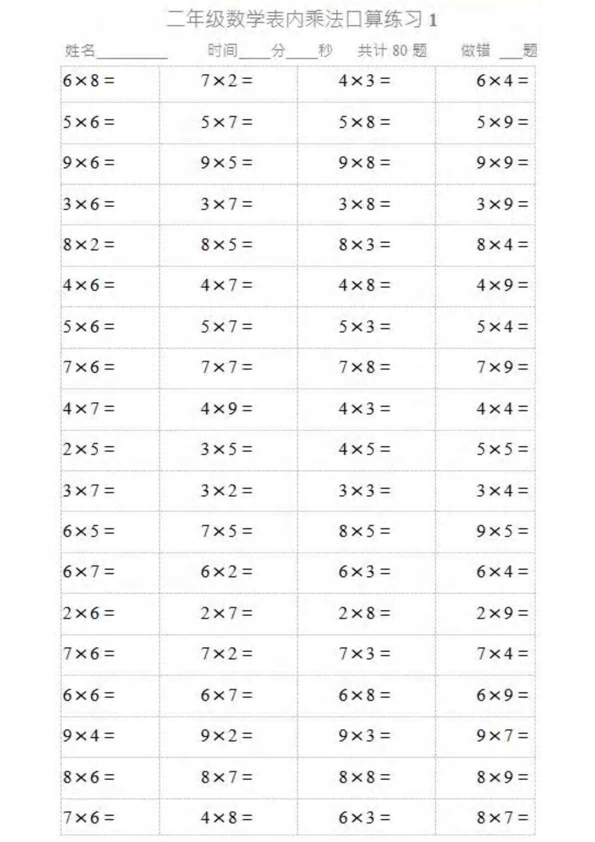 二年级上册数学【乘法口算题卡2】-鸡娃题库官网-永久免费分享小学教辅资源