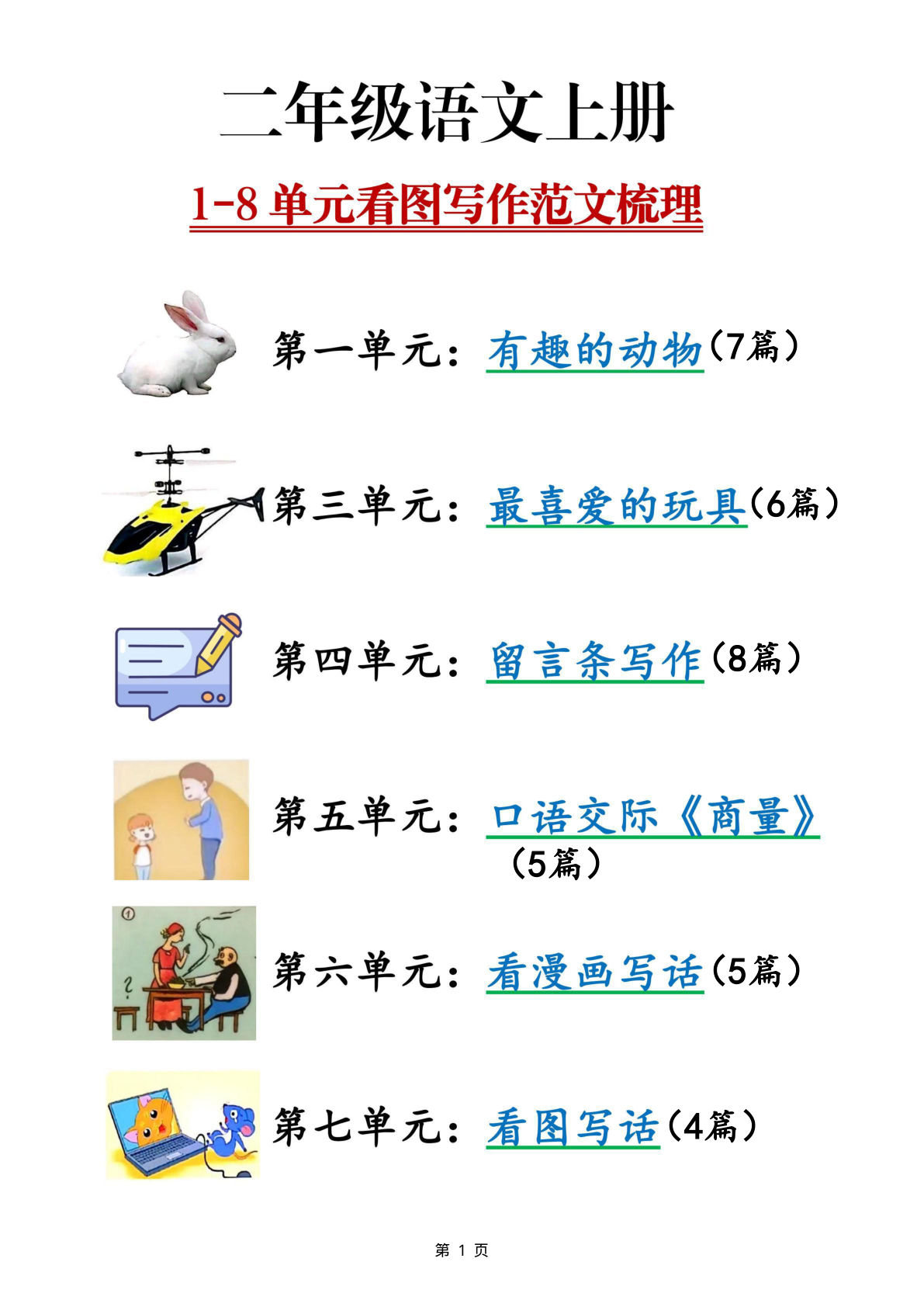 二年级上册语文【1-8单元看图写话范文梳理35篇（34页）】
