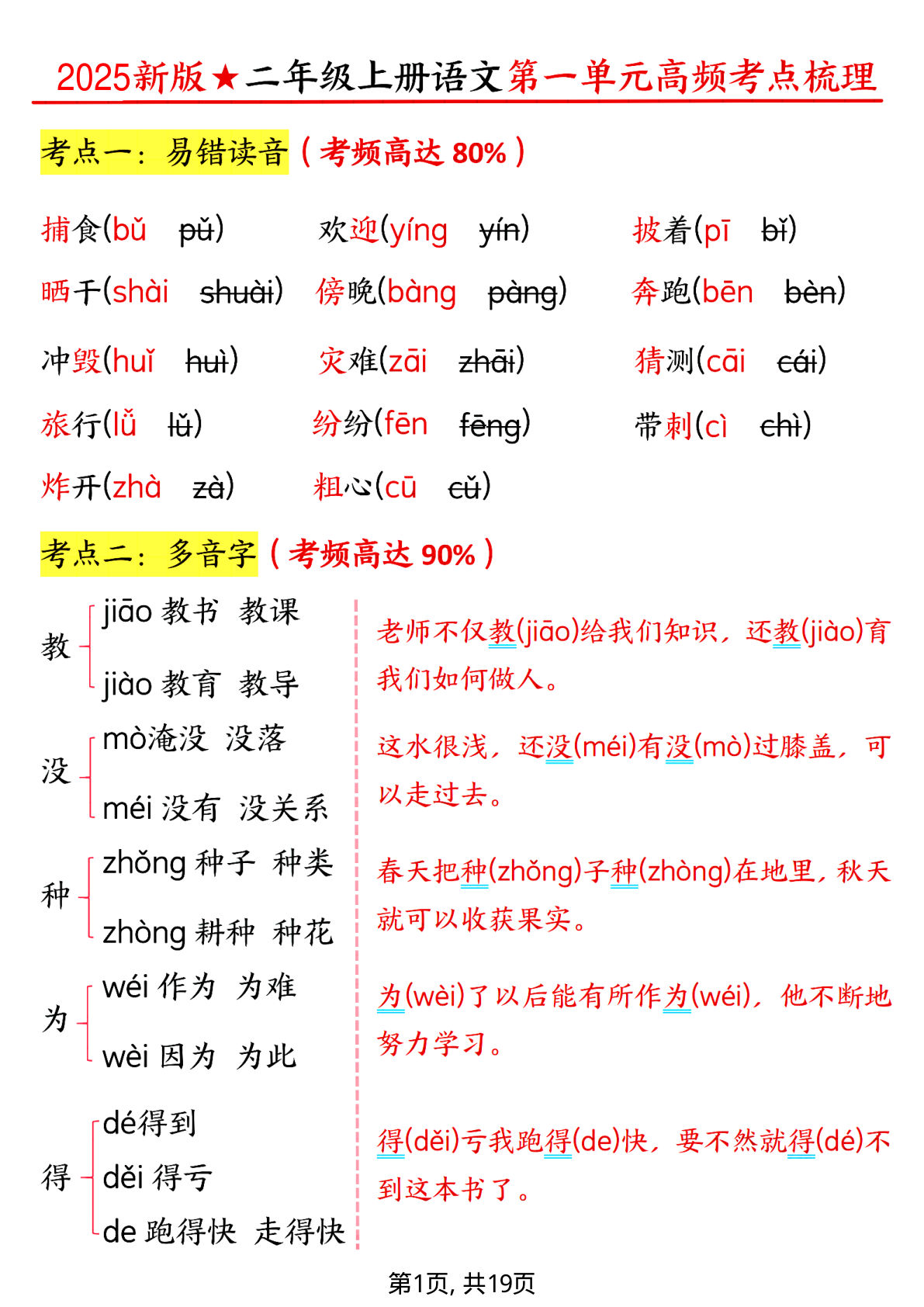 二年级上册语文【2025秋1-3单元高频考点梳理】