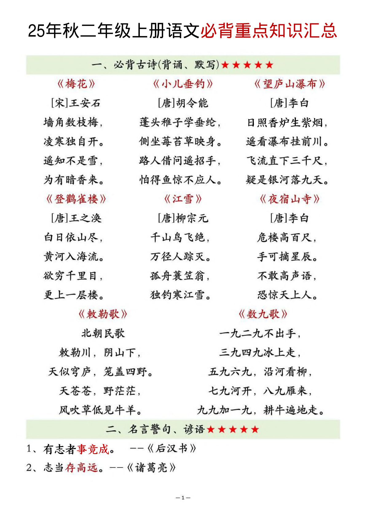 【25秋二年级上册语文必背重点知识汇总20页