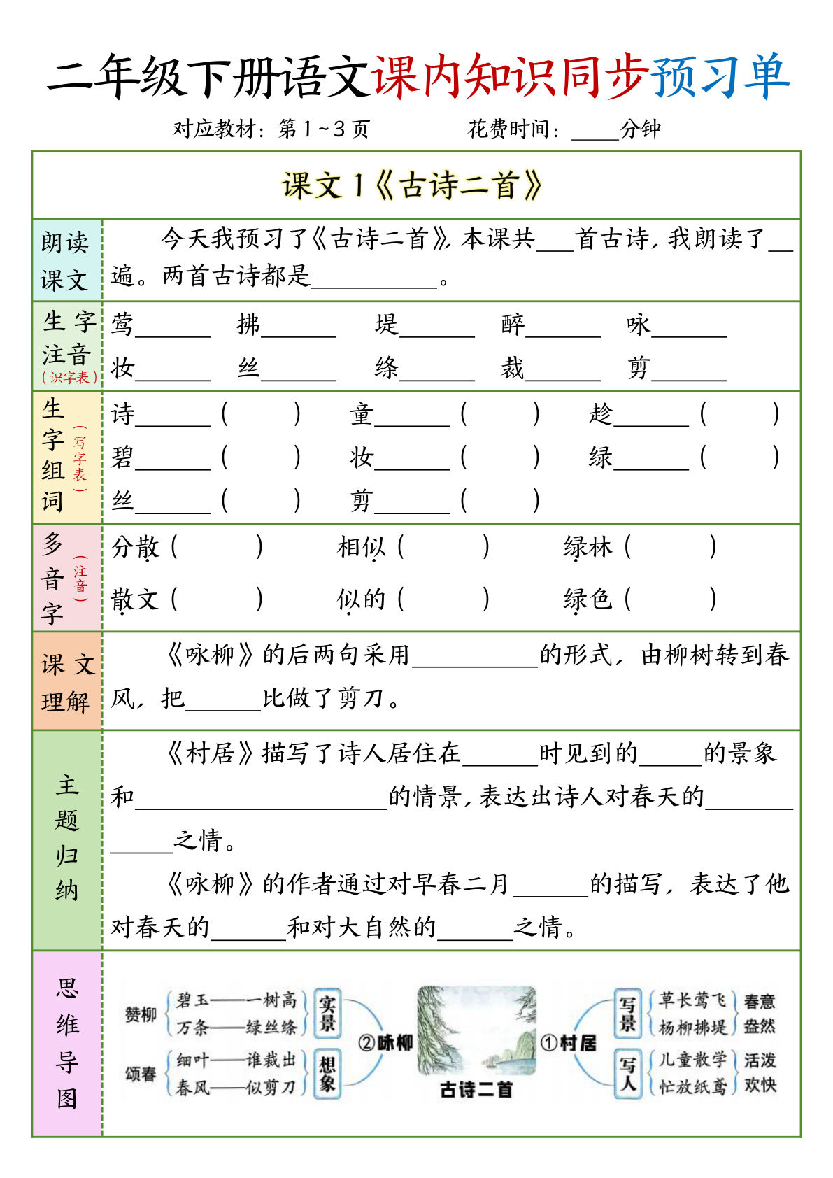二年级下册语文（1-3单元）课内知识同步预习单-鸡娃题库官网-永久免费分享小学教辅资源