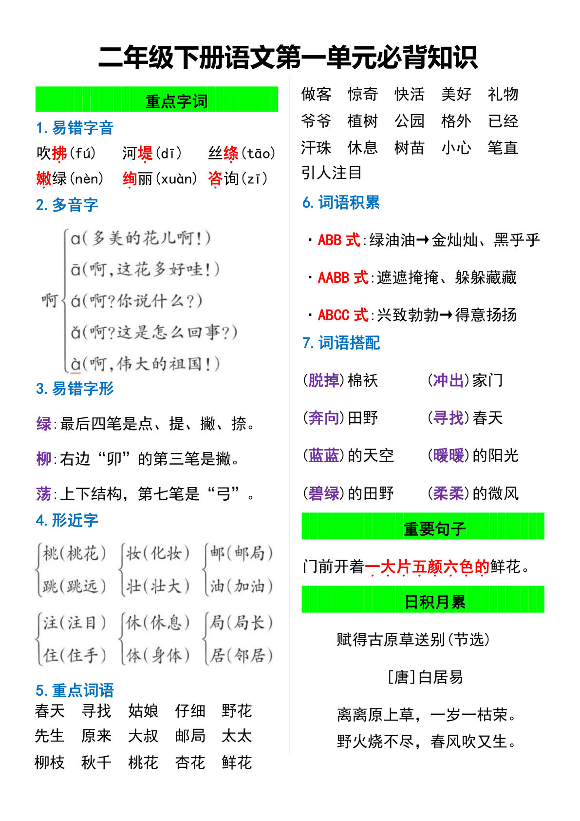 【1-8单元必背知识】二年级下册语文
