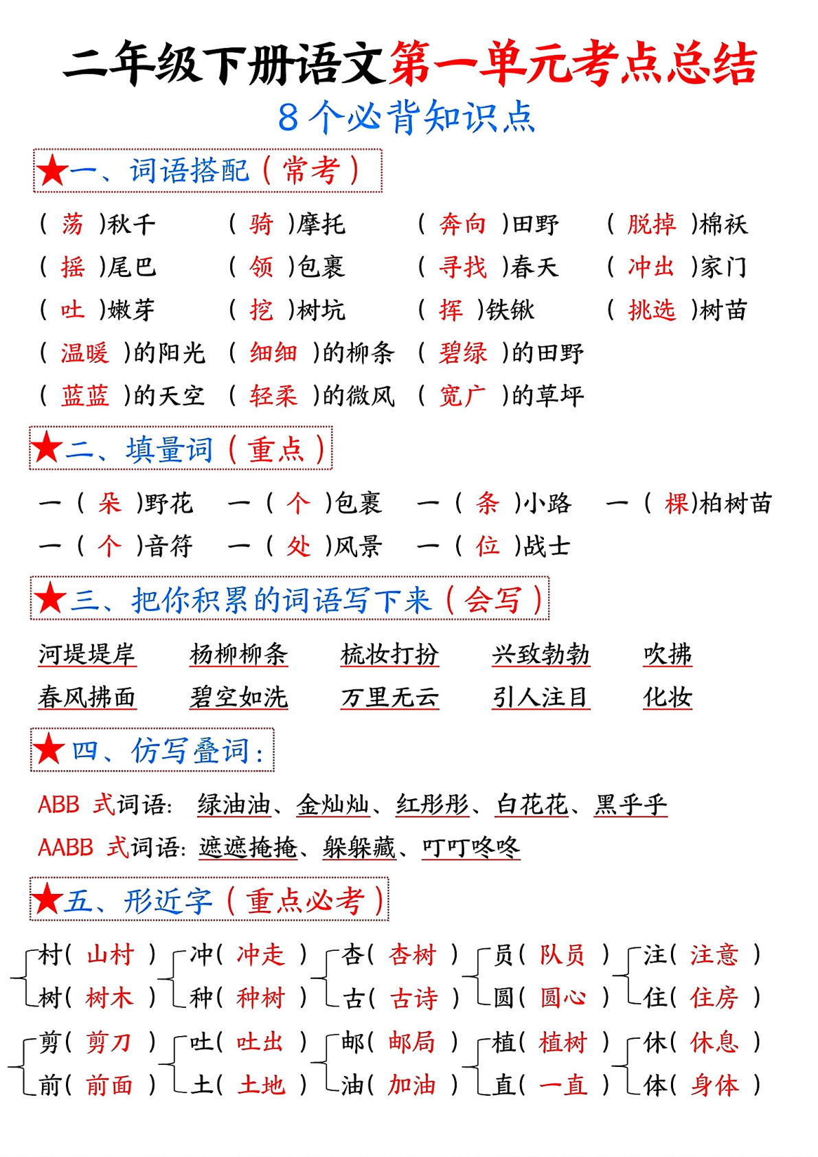 【1-8单元考点默写答案】二年级下册语文