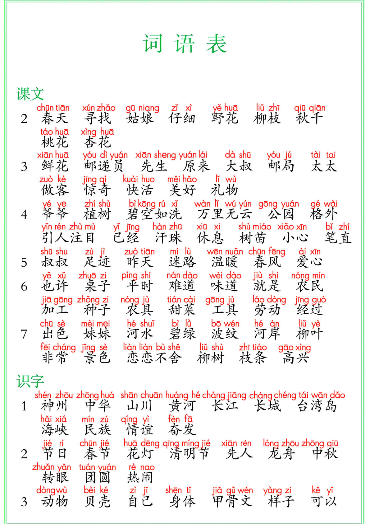 【词语表】二年级下册语文