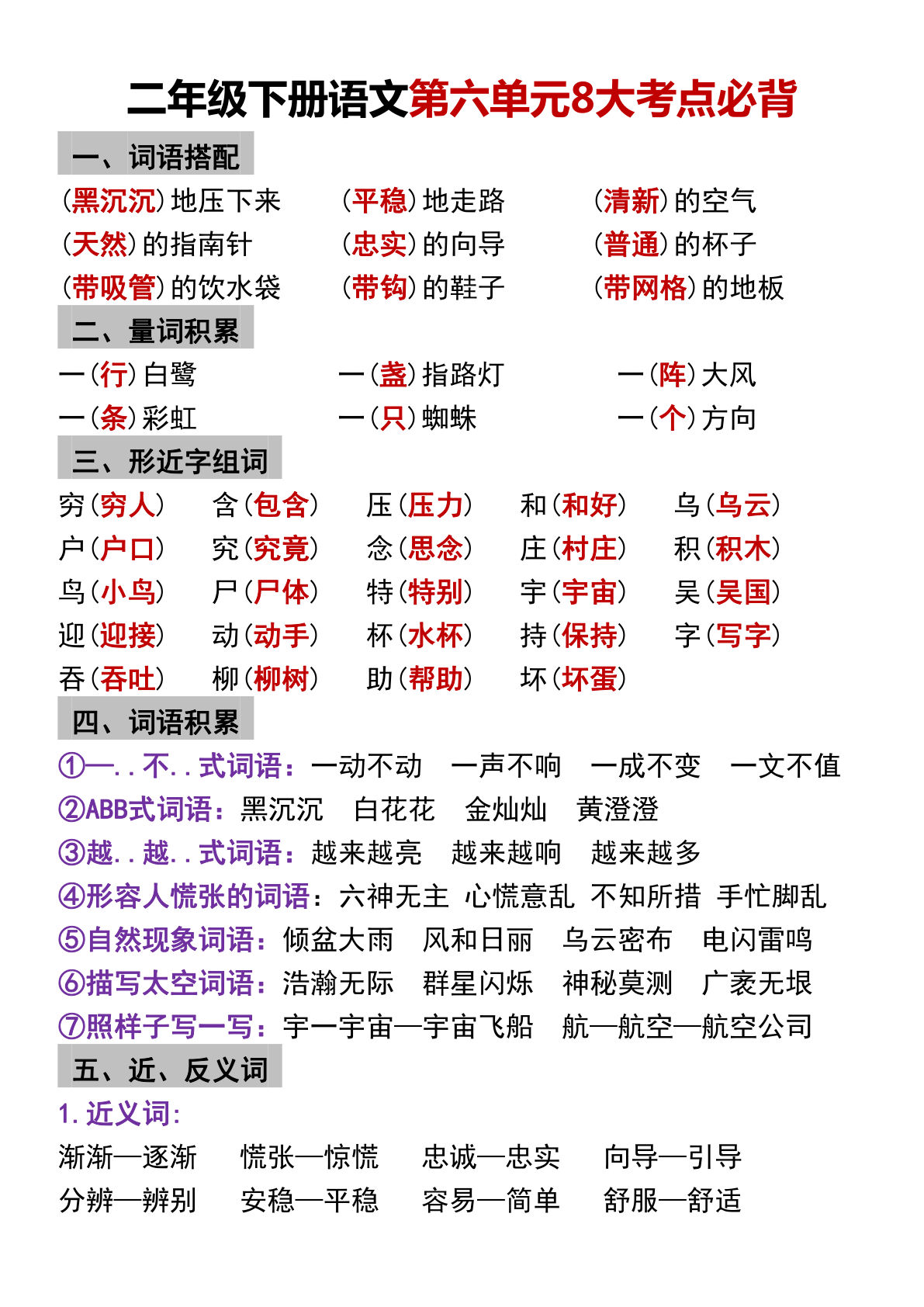 【第六单元8大考点必背】二年级下册语文