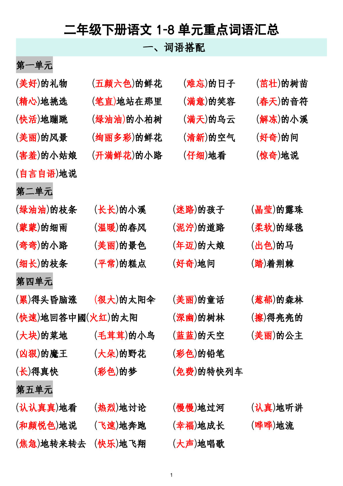 【1-8单元重点词语搭配归纳6页】二年级下册语文