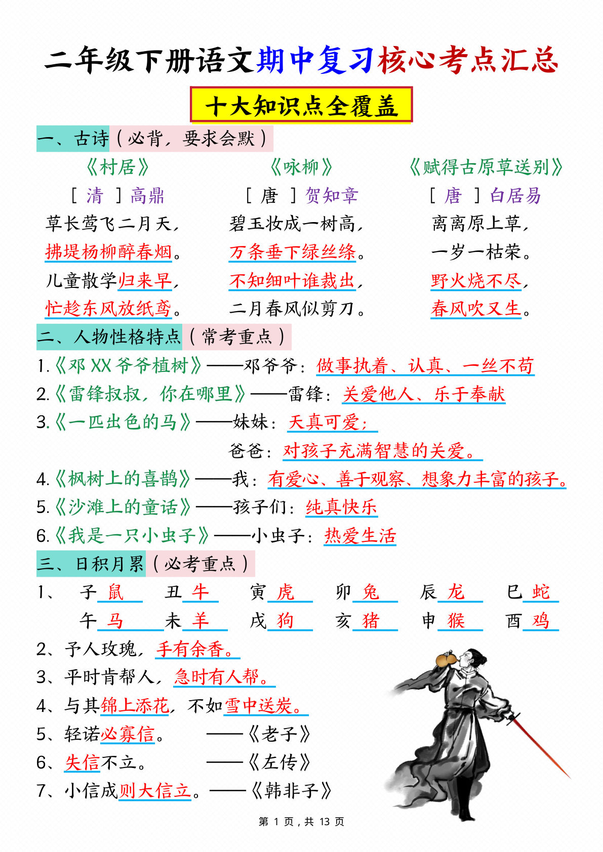 二年级下册语文期中复习核心考点汇总（10大知识点）13页