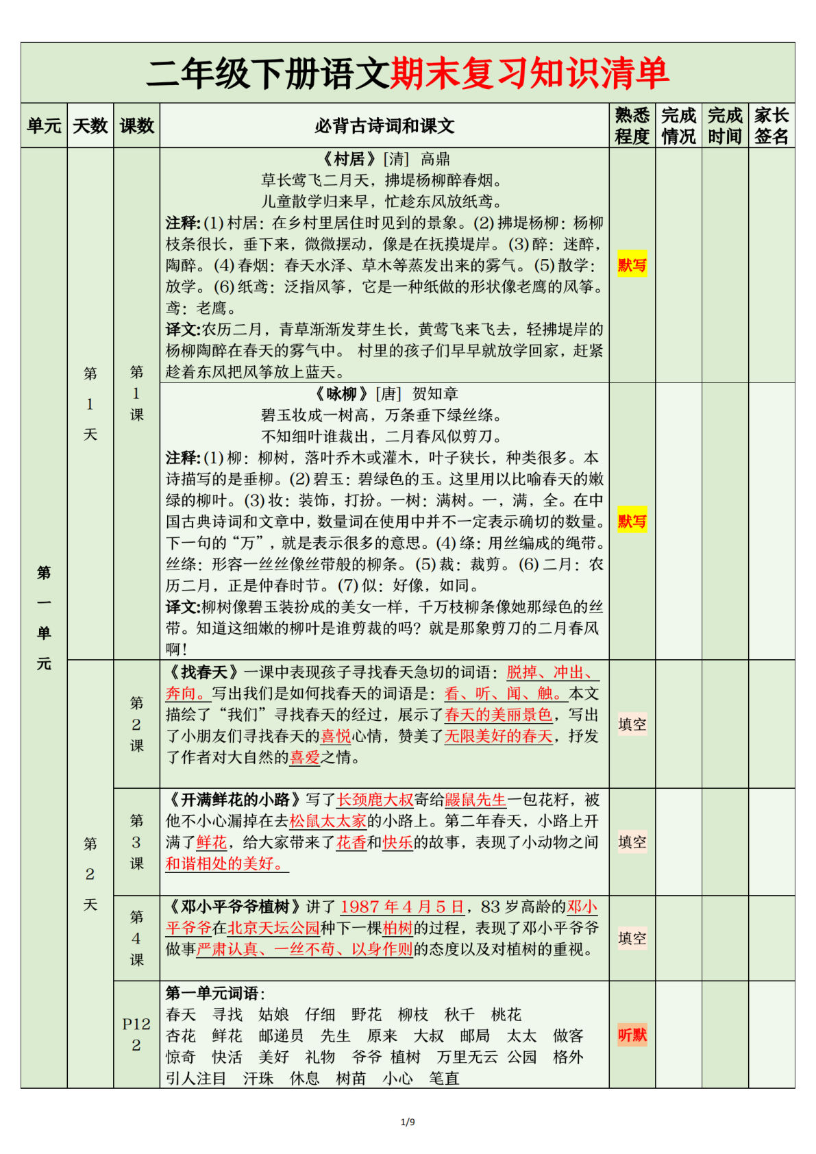 二年级下册语文期末复习计划清单