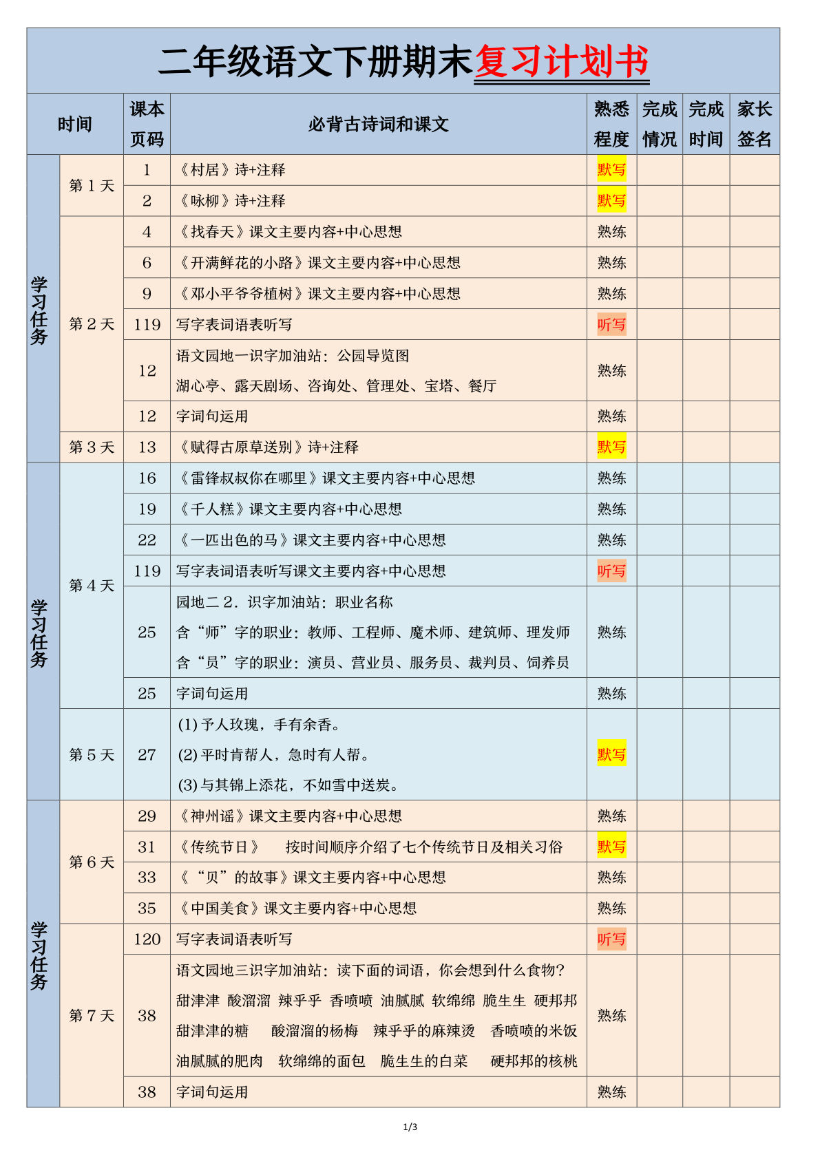 【期末三轮复习法闯关表】二年级下册语文