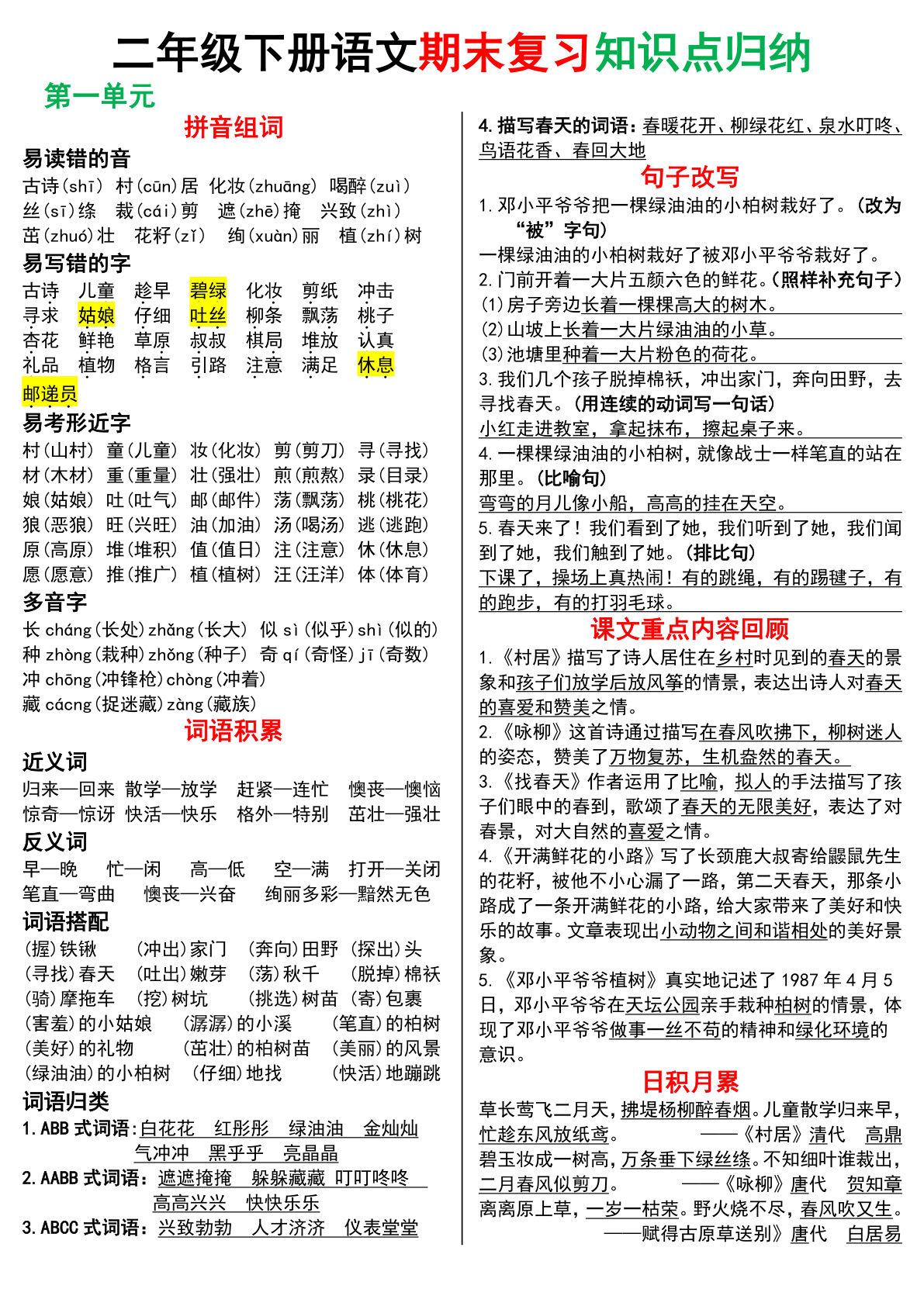 二年级下册语文期末复习知识点归纳（8页极简版）