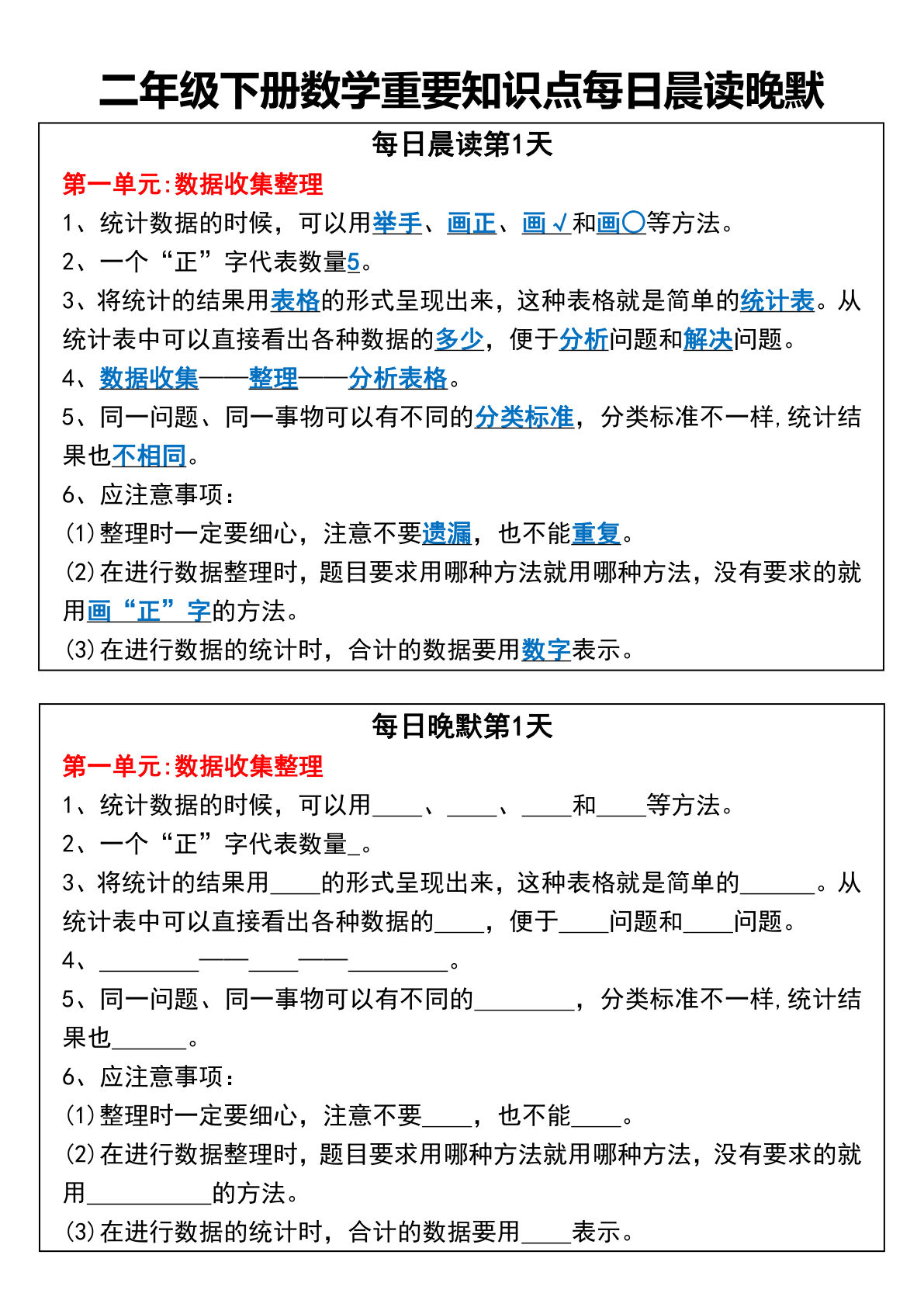 二年级下册数学【重要知识点每日晨读晚默】