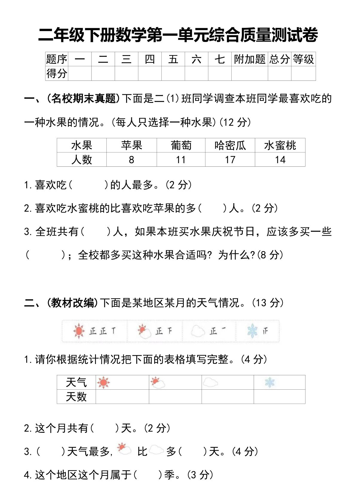 二年级下册数学第一单元综合质量测试卷