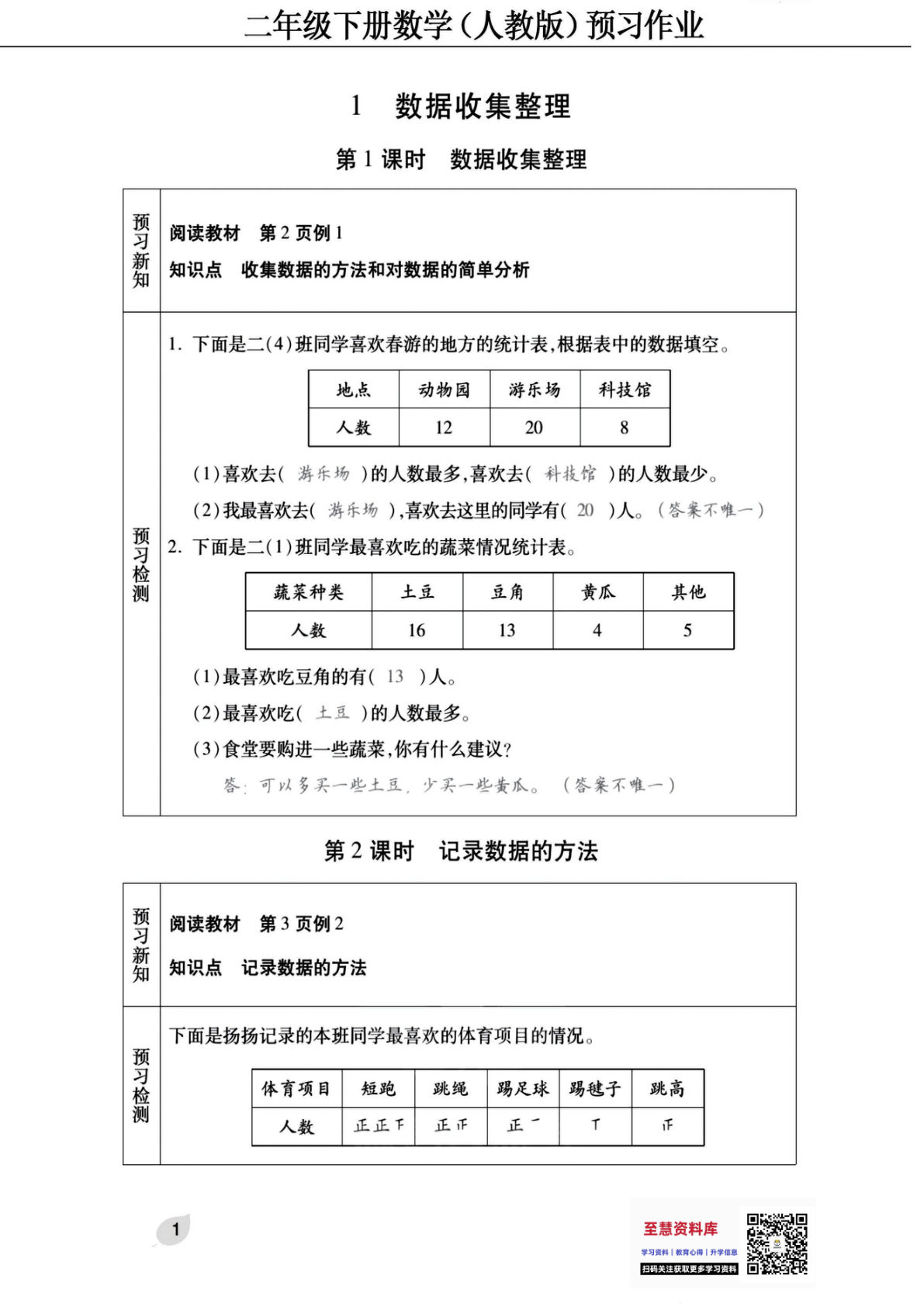 二年级下册人教版数学【预习清单手册（附答案）】